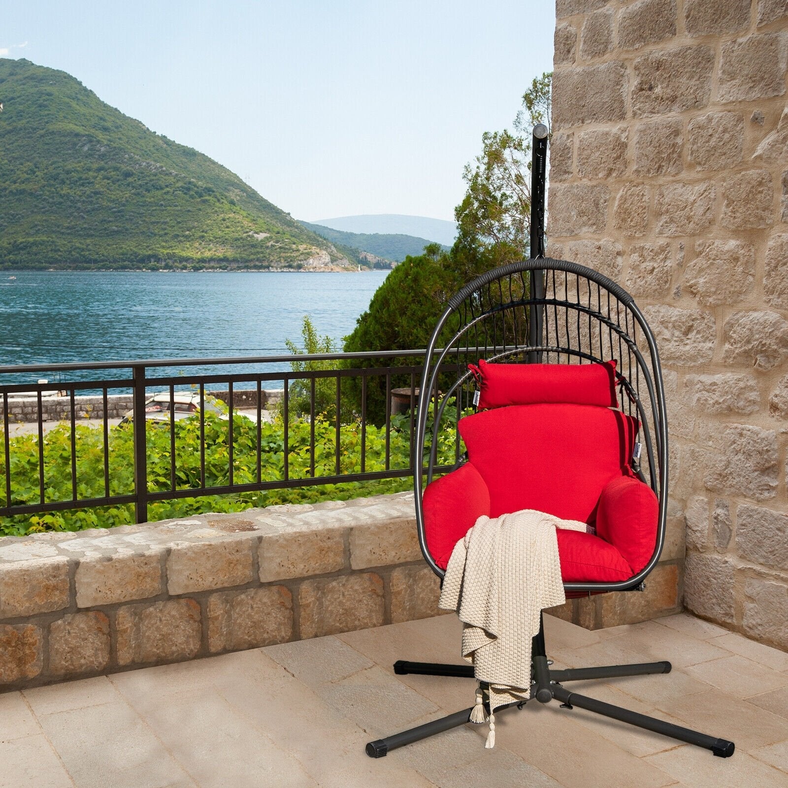 Hanging Folding Egg Chair with Stand Soft Cushion Pillow Swing Hammock-Gray