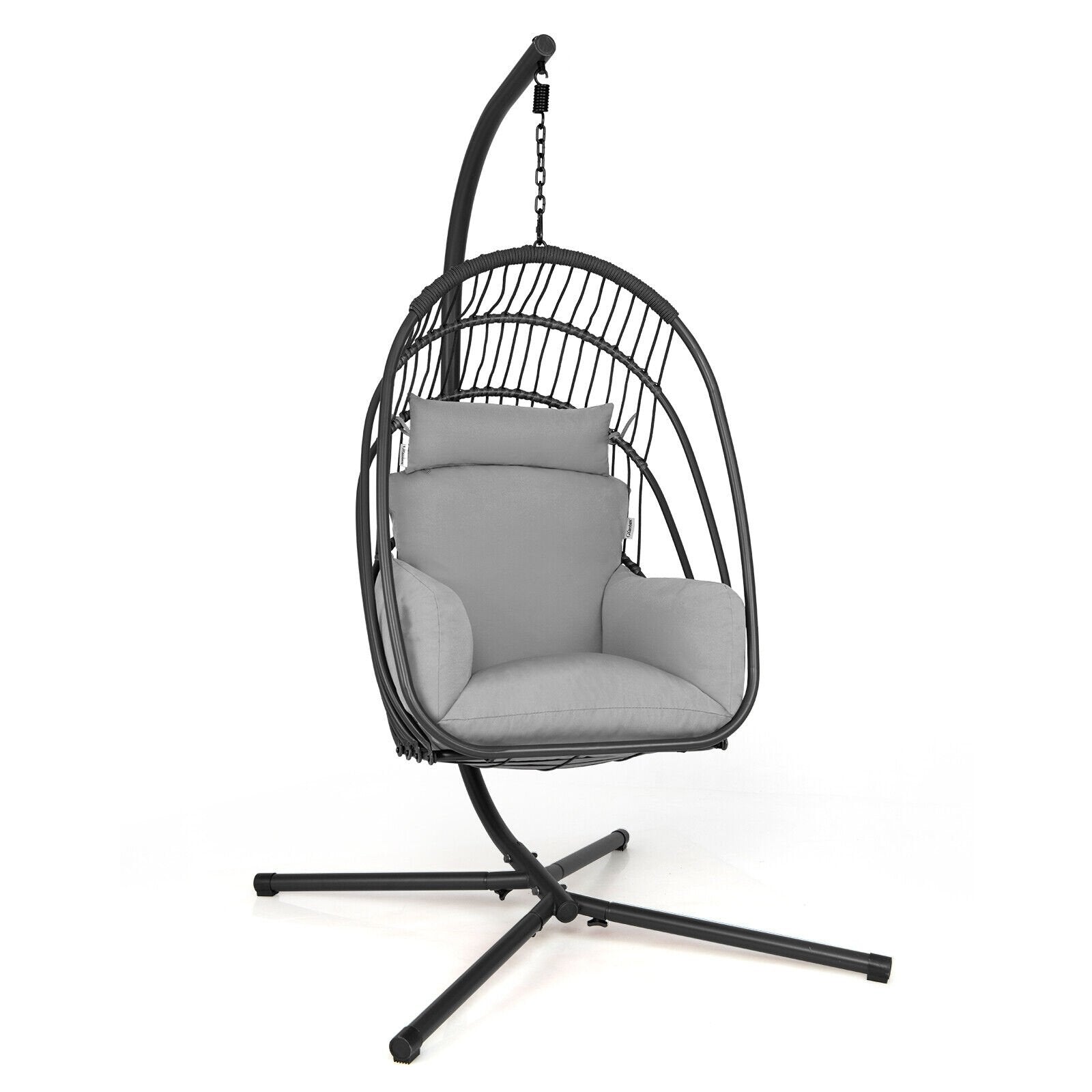 Hanging Folding Egg Chair with Stand Soft Cushion Pillow Swing Hammock-Gray