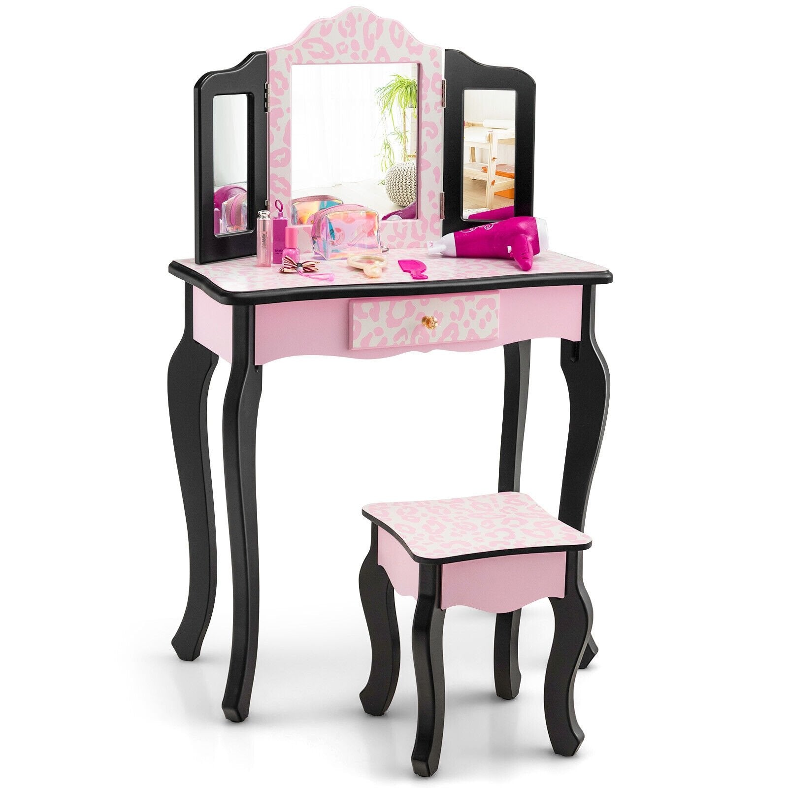 Kid Vanity Set with Tri-Folding Mirror and Leopard Print-Pink