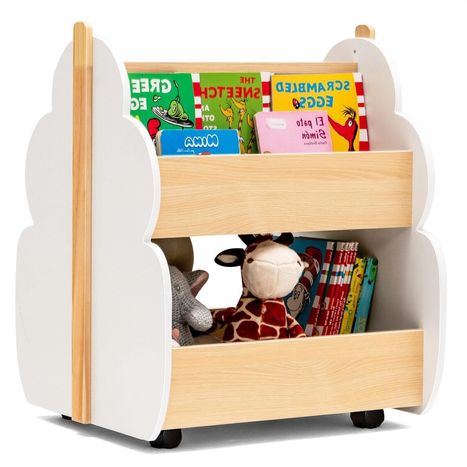 Kids Wooden Bookshelf with Universal Wheels-Gray