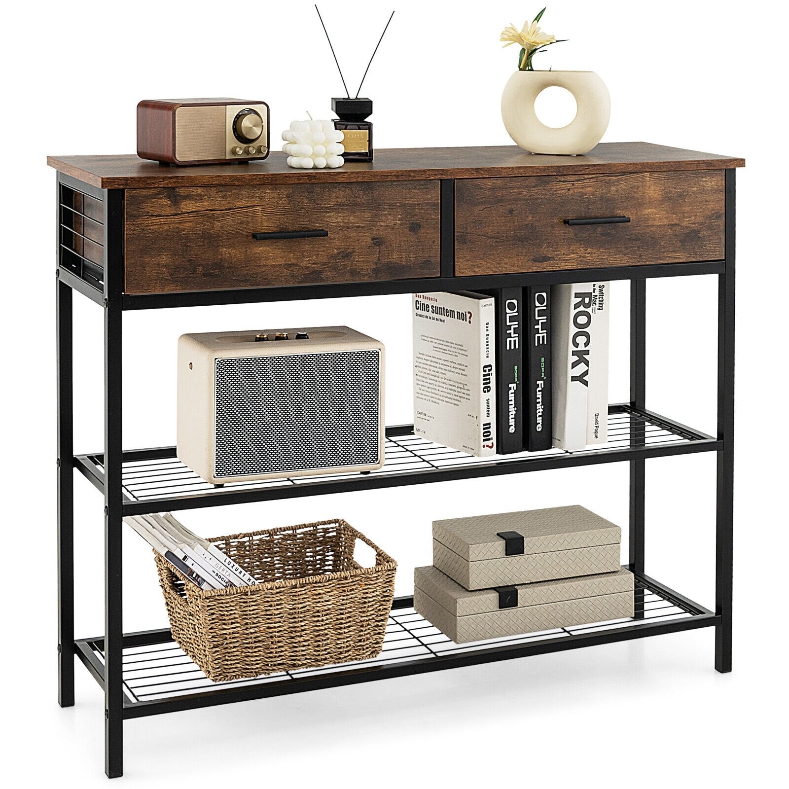 39.5 Inch Entryway Table with 2 Drawers and 2-Tier Shelves-Dark Brown