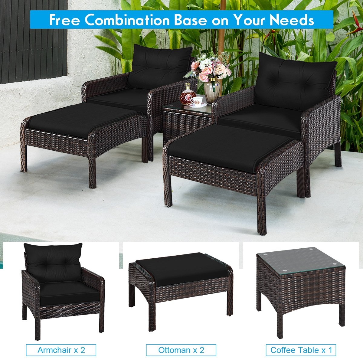5 Pcs Patio Rattan Wicker Sofa Furniture Set