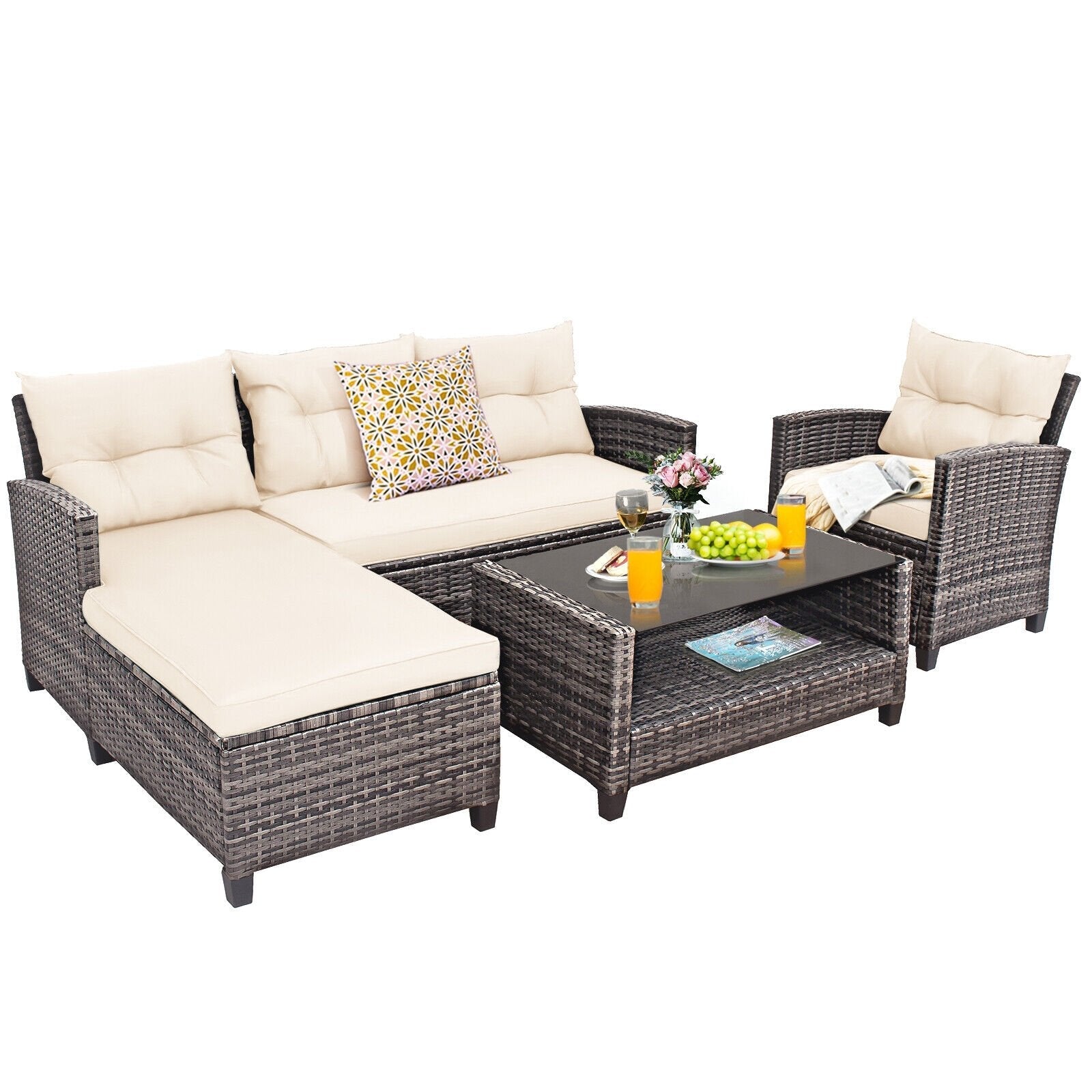 4 Pieces Patio Rattan Sofa Furniture Set with Cushion and 2-Tier Coffee Table-Black