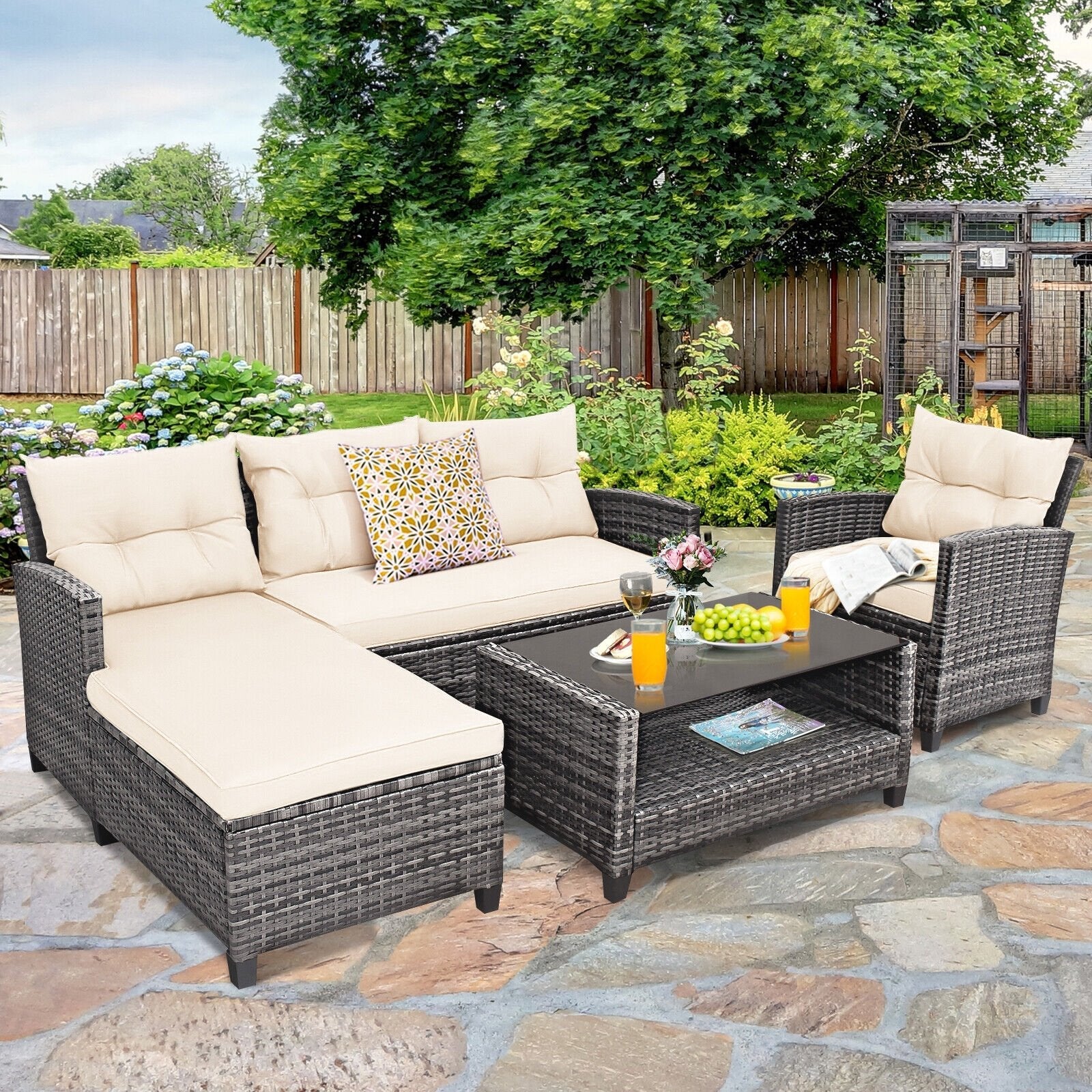 4 Pieces Patio Rattan Sofa Furniture Set with Cushion and 2-Tier Coffee Table-Black
