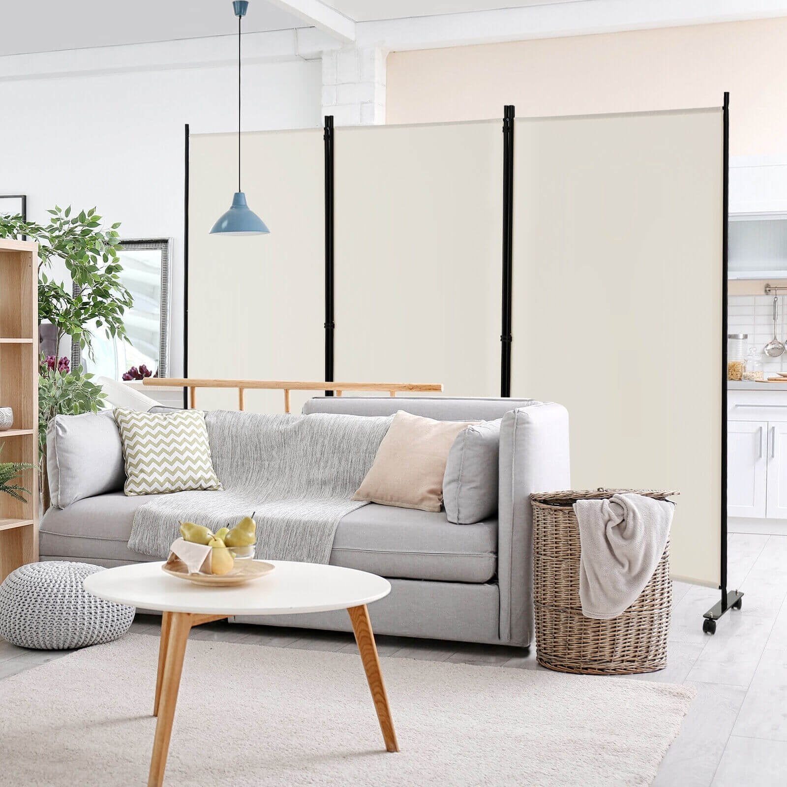 3 Panel Folding Room Divider with Lockable Wheels-Black