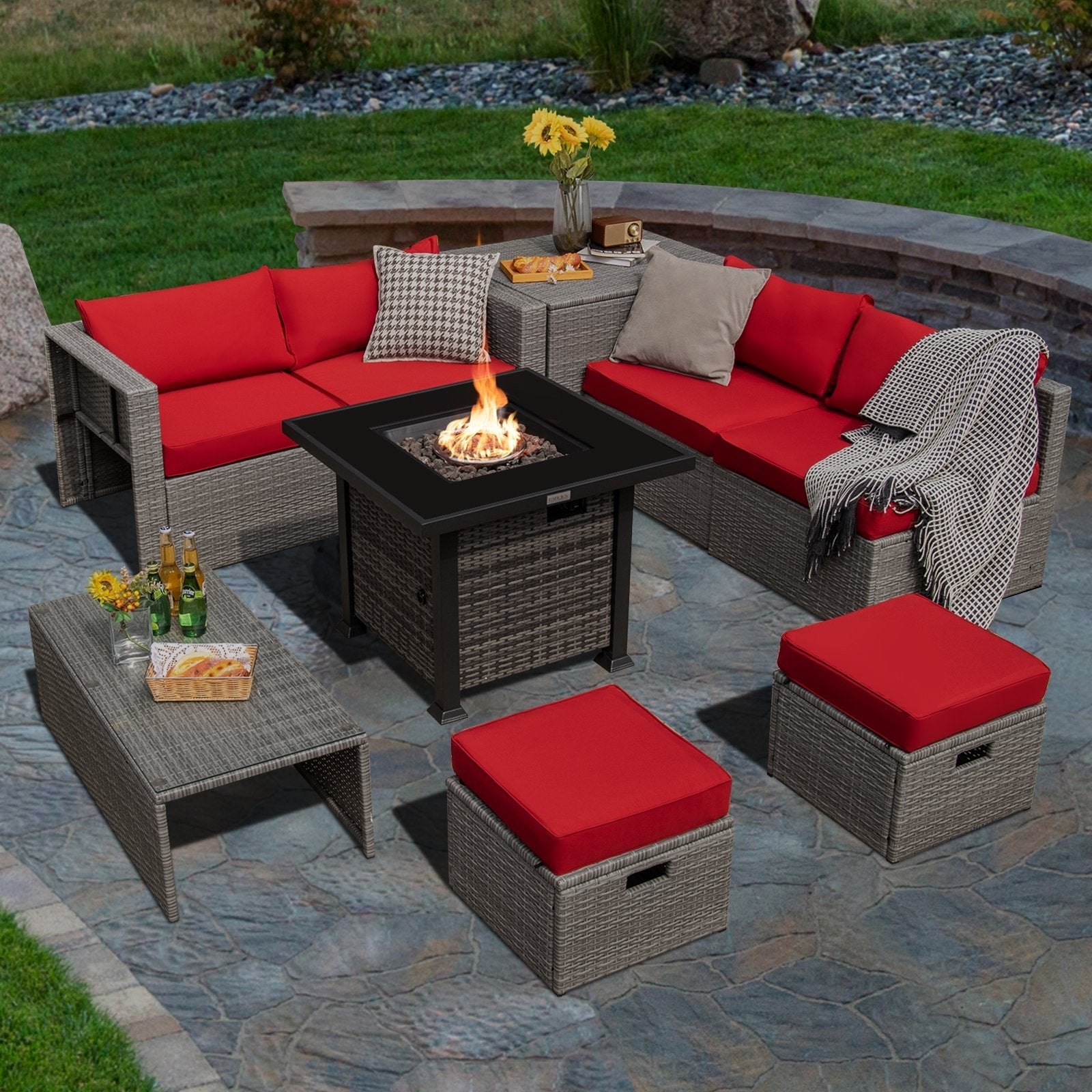 9 Pieces Outdoor Patio Furniture Set with 32-Inch Propane Fire Pit Table-Black