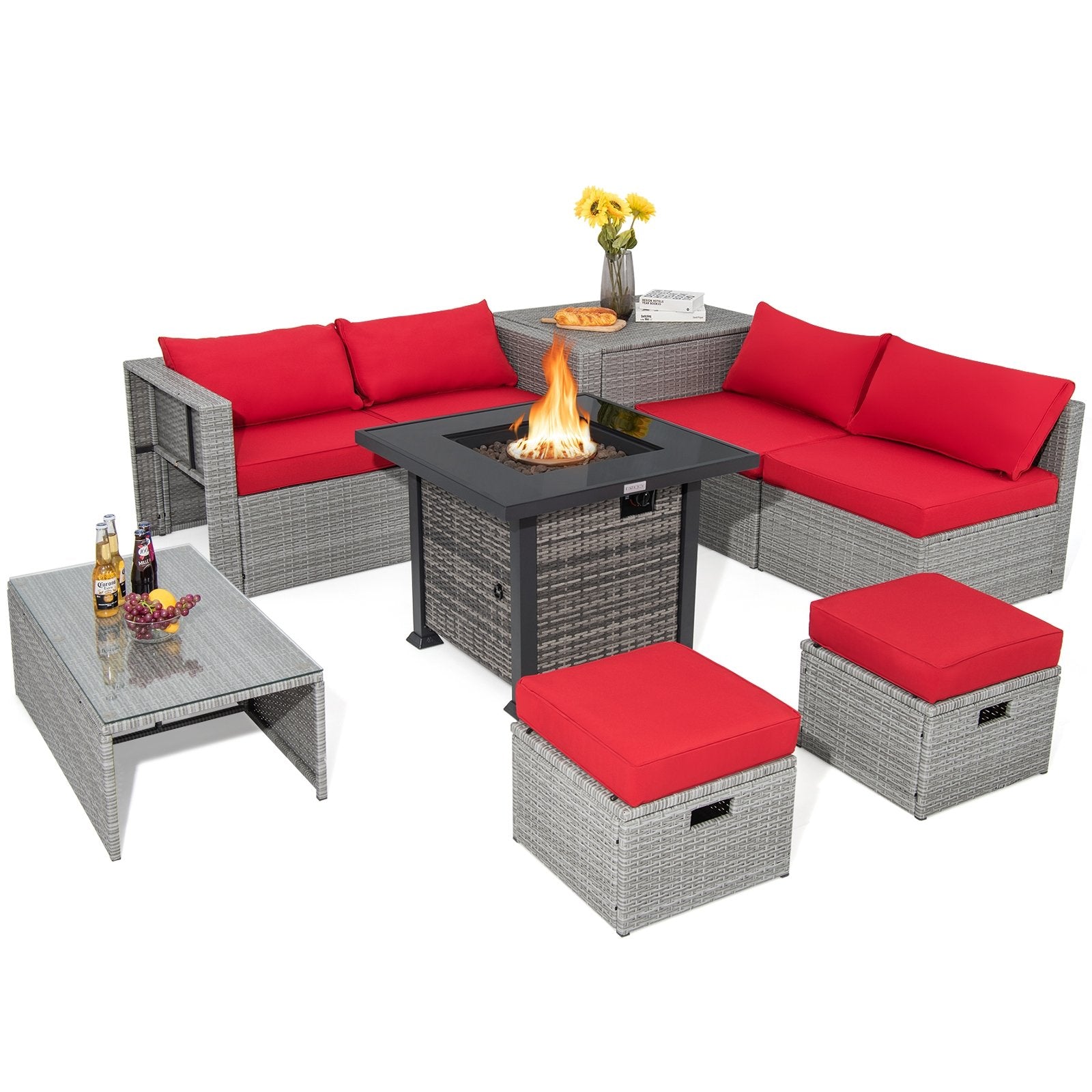 9 Pieces Outdoor Patio Furniture Set with 32-Inch Propane Fire Pit Table-Black