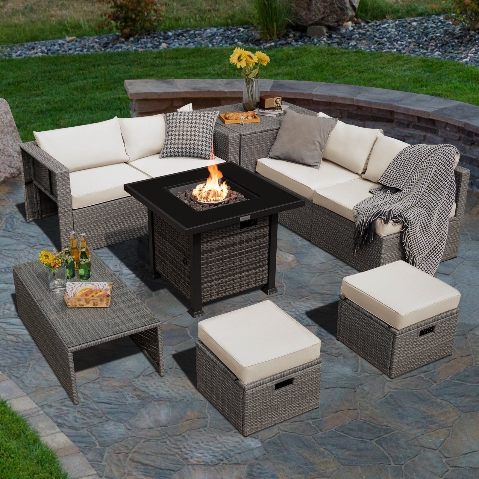 9 Pieces Outdoor Patio Furniture Set with 32-Inch Propane Fire Pit Table-Black