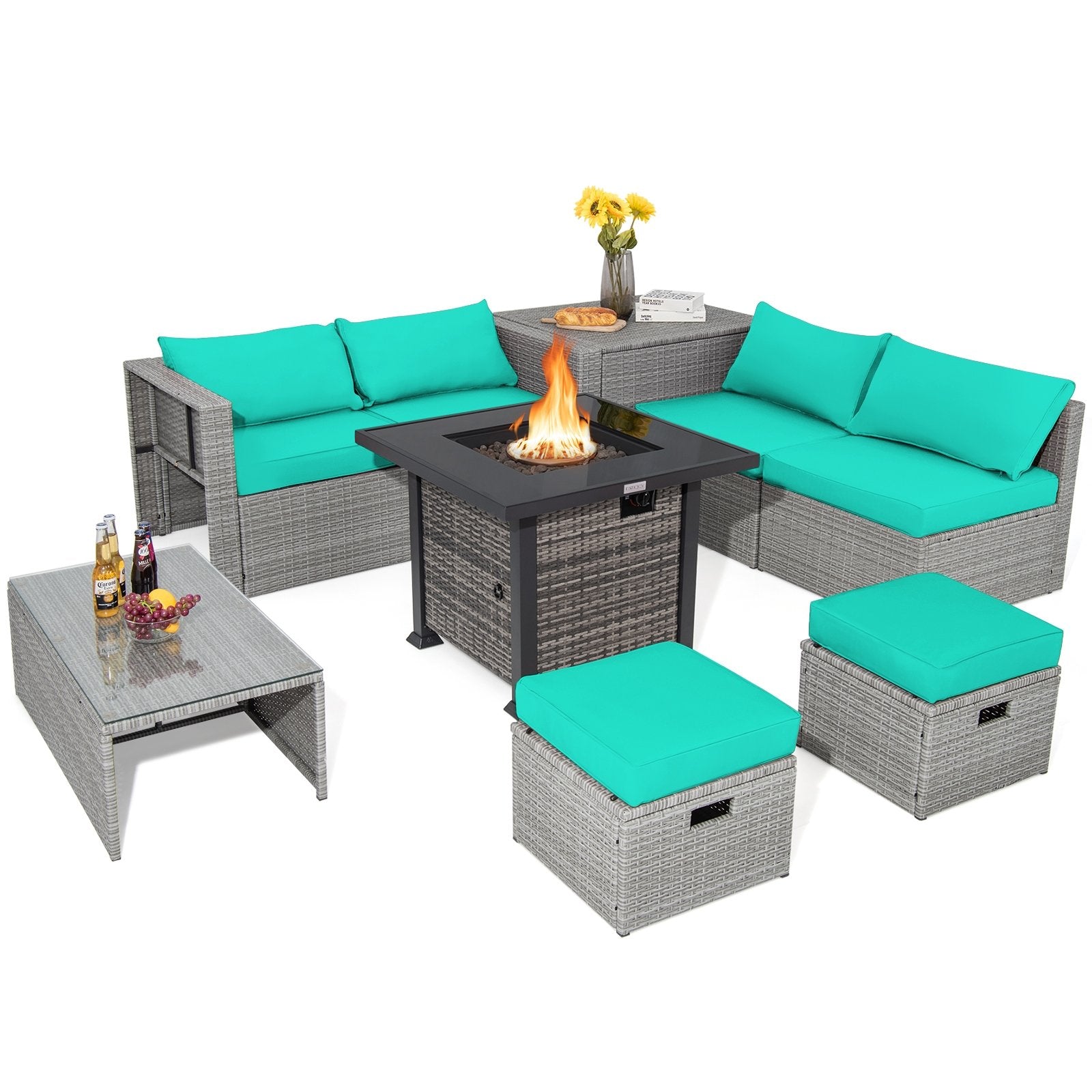 9 Pieces Outdoor Patio Furniture Set with 32-Inch Propane Fire Pit Table-Black