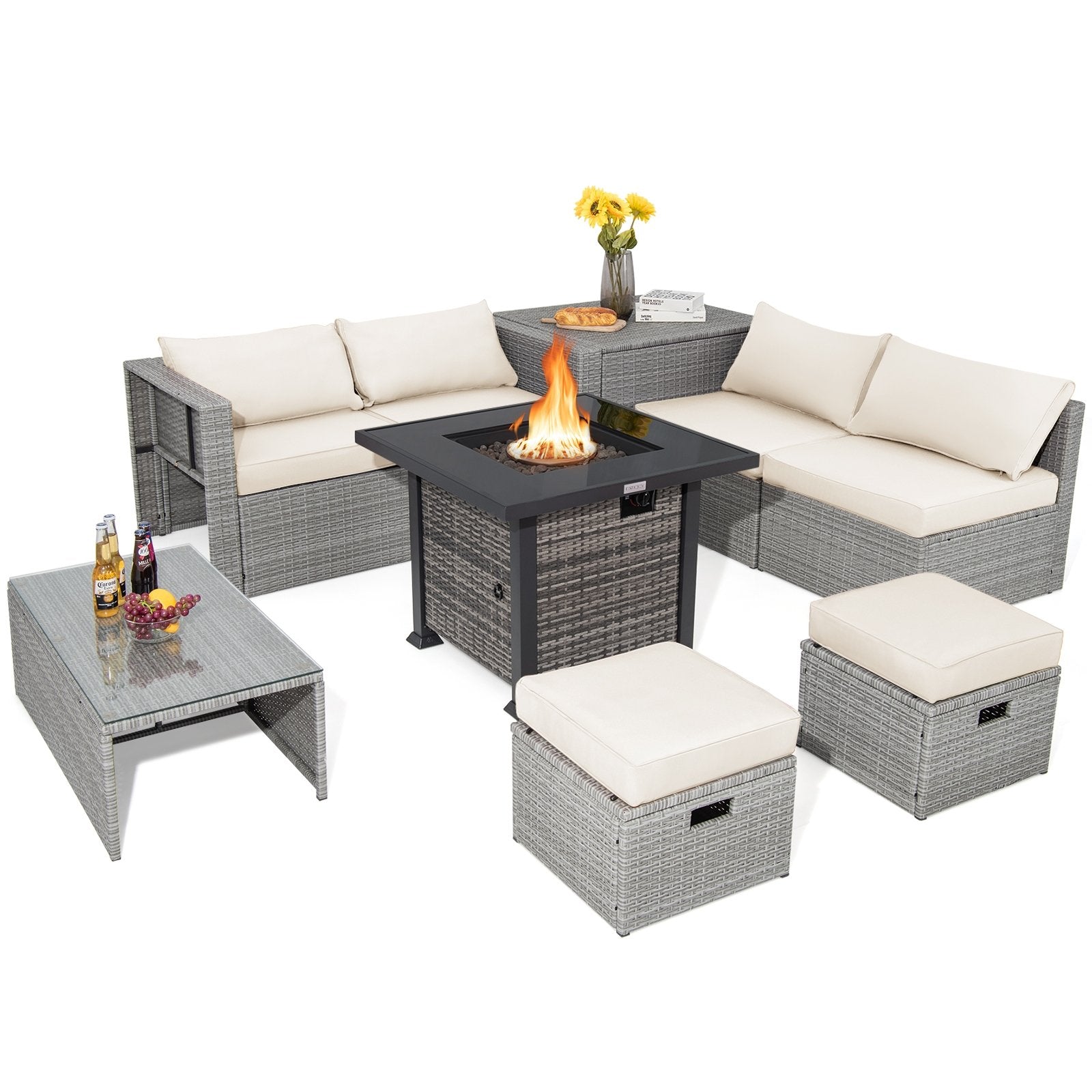 9 Pieces Outdoor Patio Furniture Set with 32-Inch Propane Fire Pit Table-Black