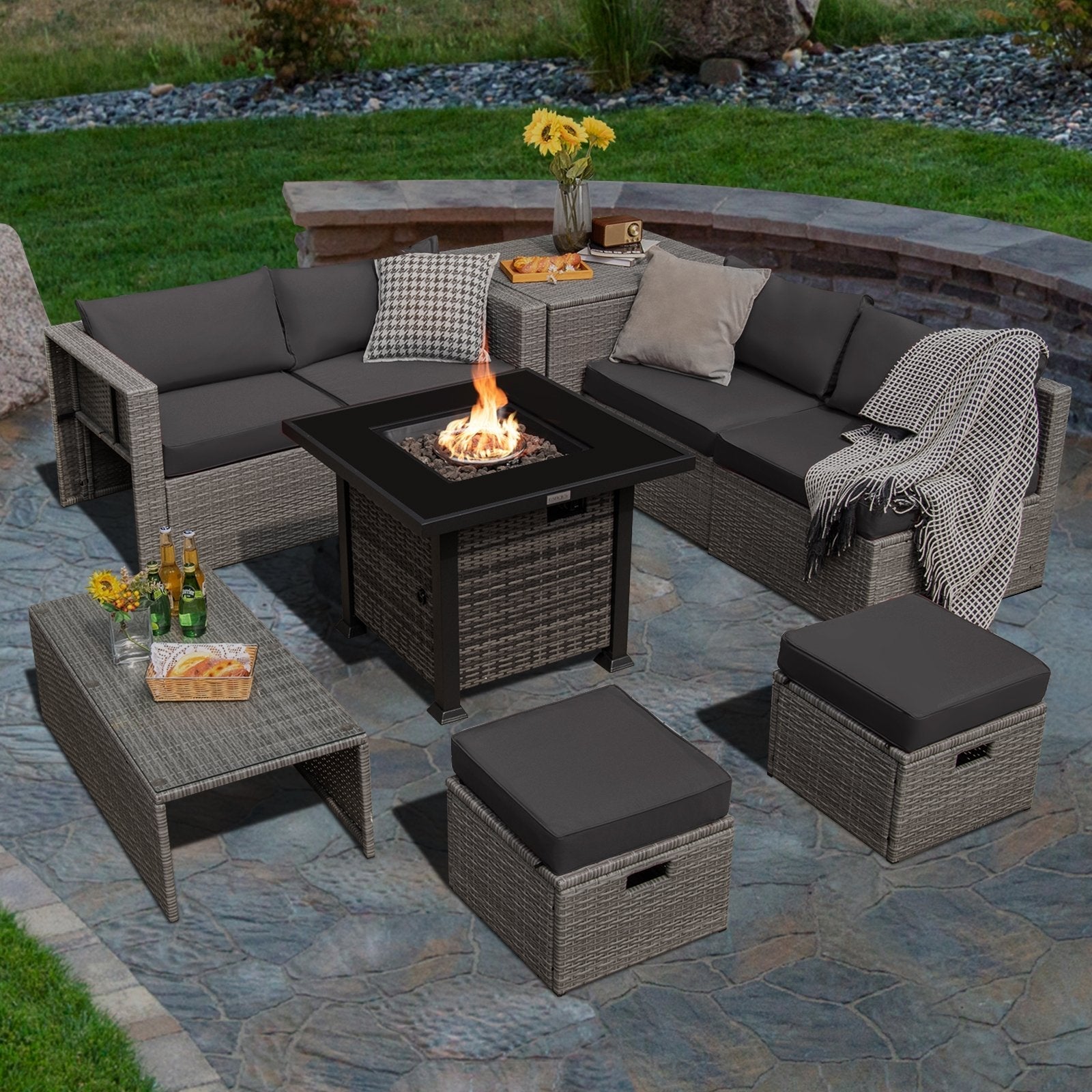 9 Pieces Outdoor Patio Furniture Set with 32-Inch Propane Fire Pit Table-Black