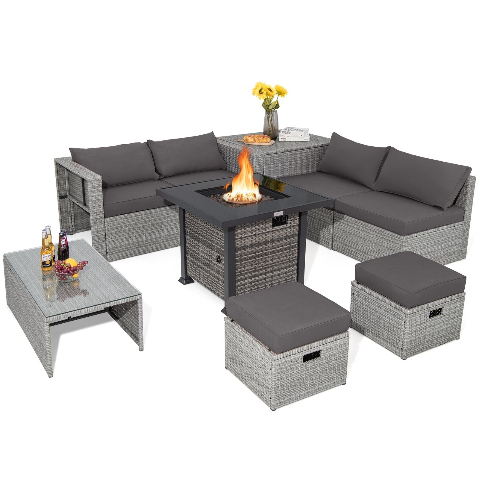 9 Pieces Outdoor Patio Furniture Set with 32-Inch Propane Fire Pit Table-Black