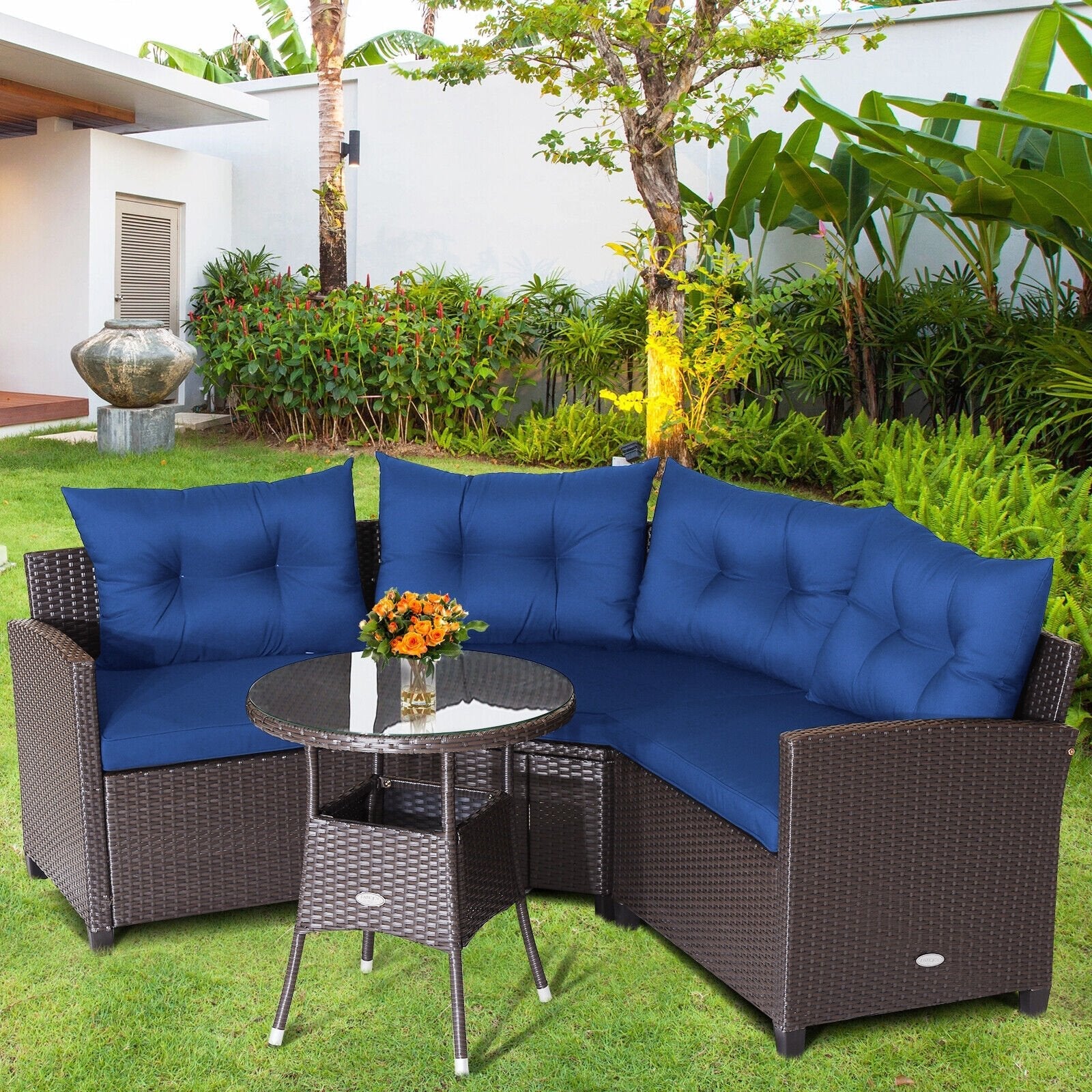 4 Pieces Patio Rattan Furniture Set Cushioned Sofa Glass Table-Black