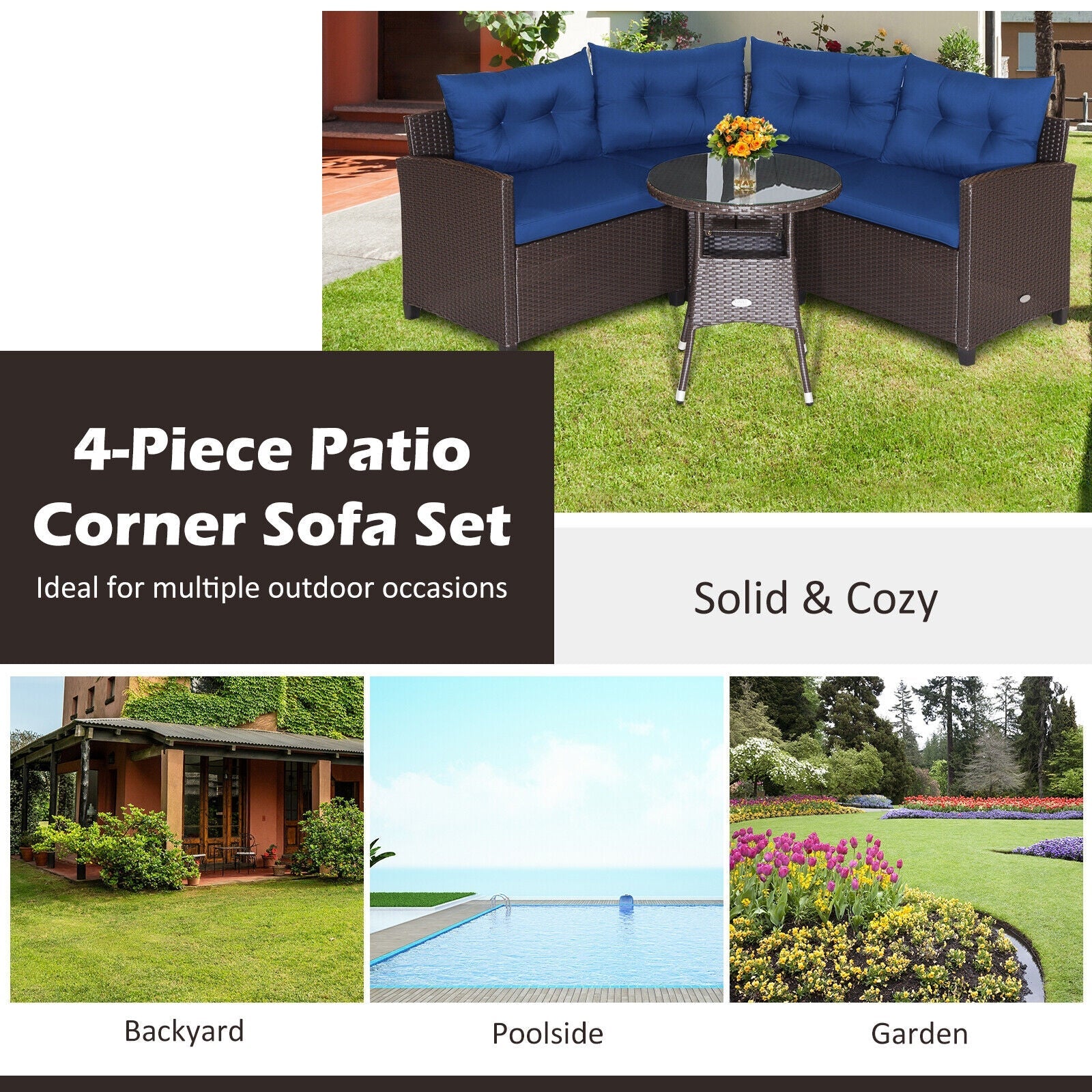 4 Pieces Patio Rattan Furniture Set Cushioned Sofa Glass Table-Black