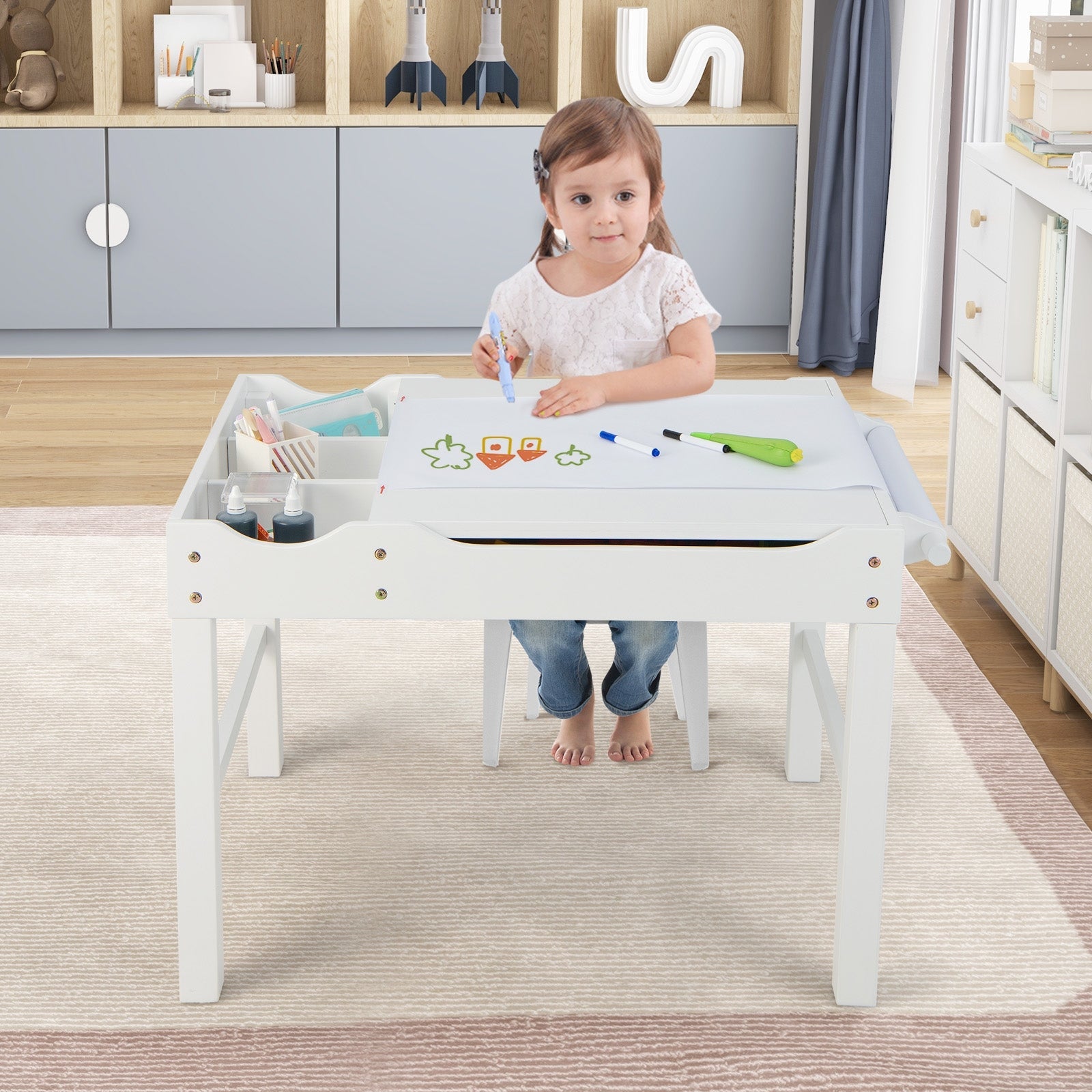 Wooden Kids Multi Activity Play Table with Storage Paper Roll-White
