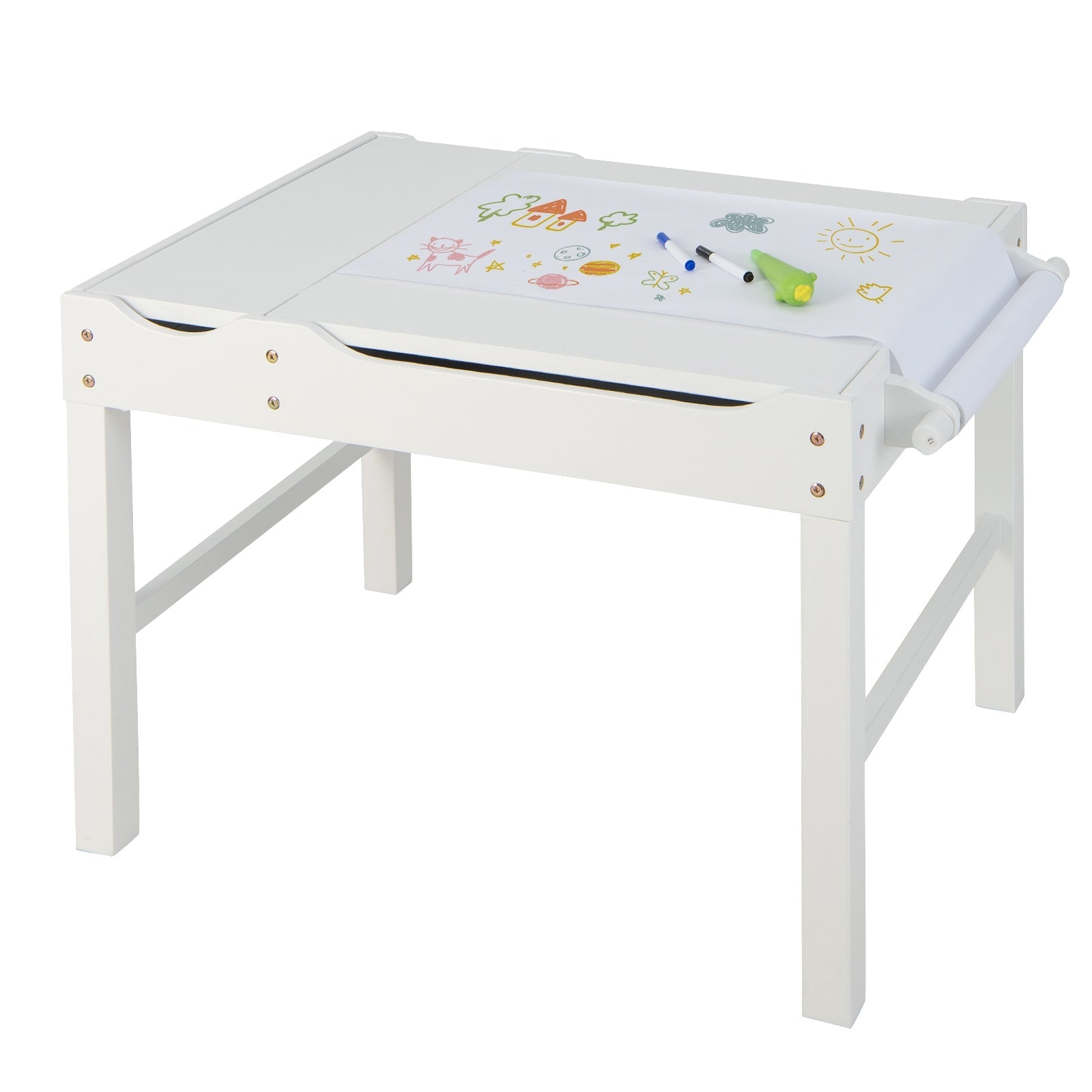 Wooden Kids Multi Activity Play Table with Storage Paper Roll-White