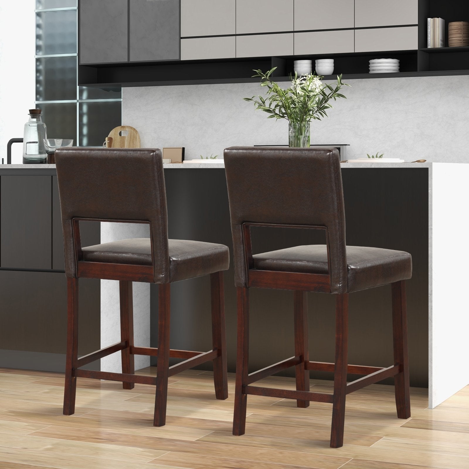 2 Piece Bar Chair Set with Hollowed Back and Rubber Wood Legs-Beige