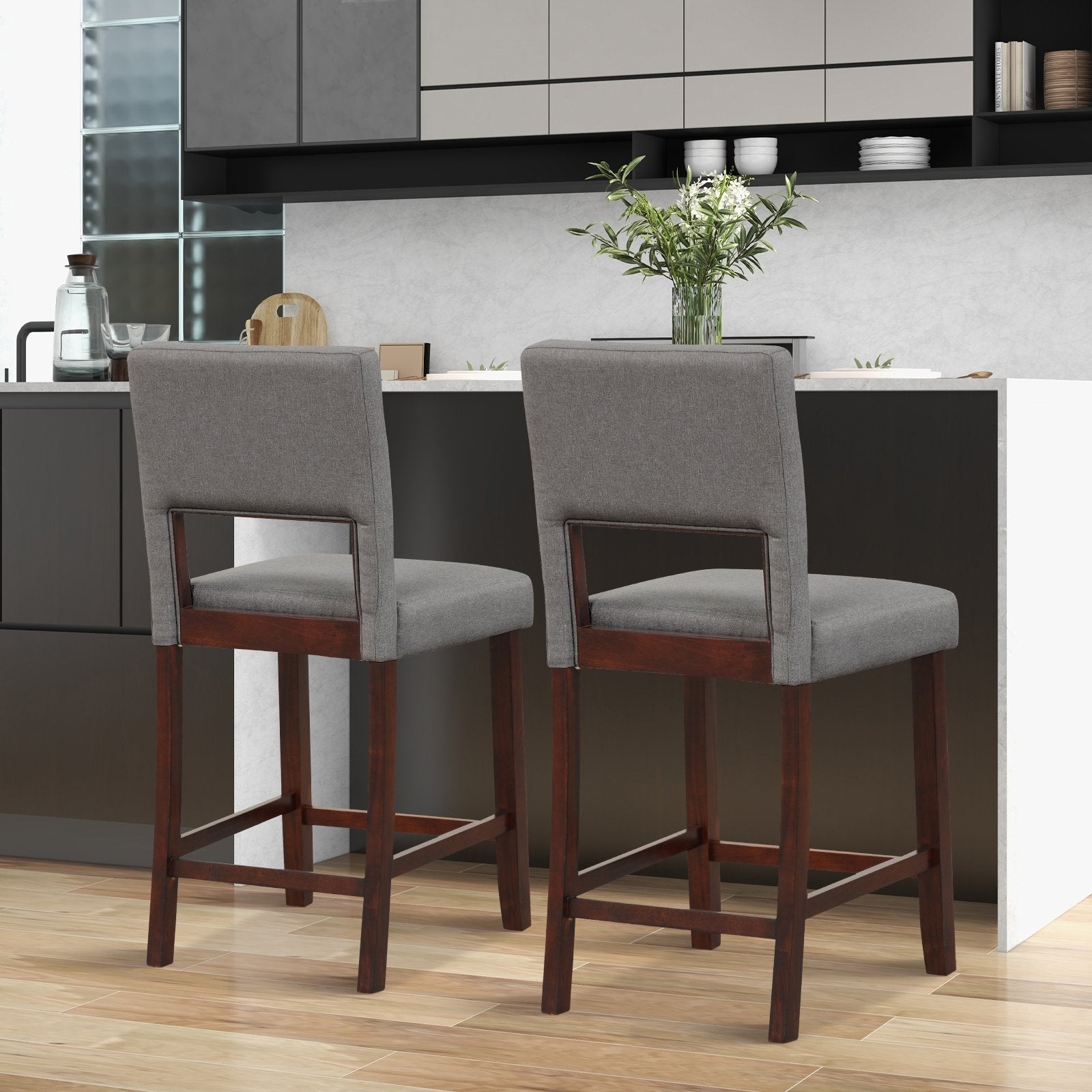 2 Piece Bar Chair Set with Hollowed Back and Rubber Wood Legs-Beige