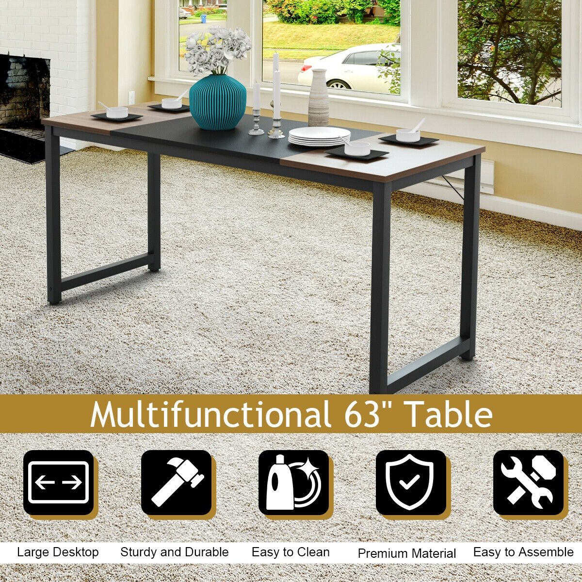 63" Rectangular Dining Room Table with Solid Metal Frame-Desktop + Frame