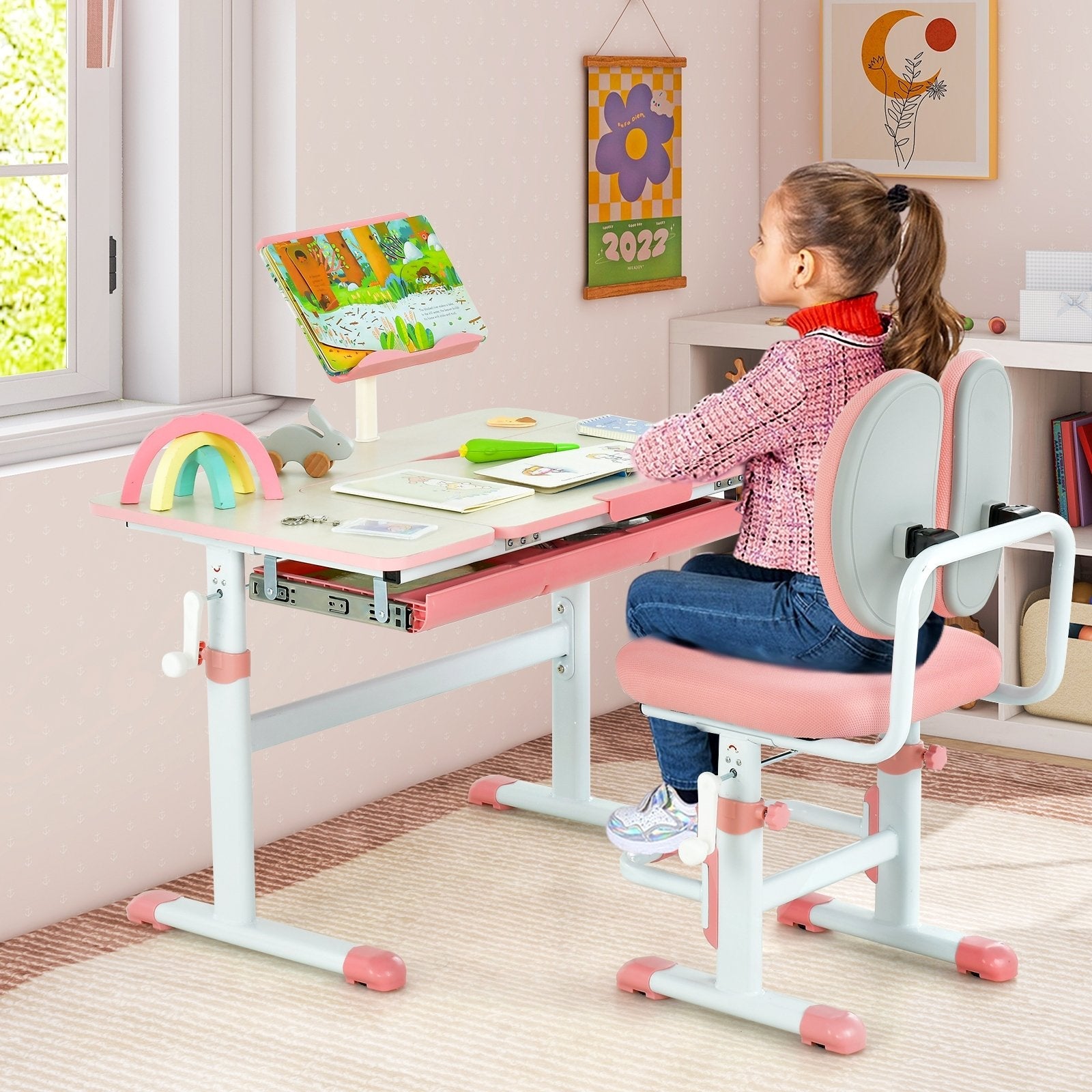 Height-Adjustable Kid's Study Desk and Chair Set-Pink