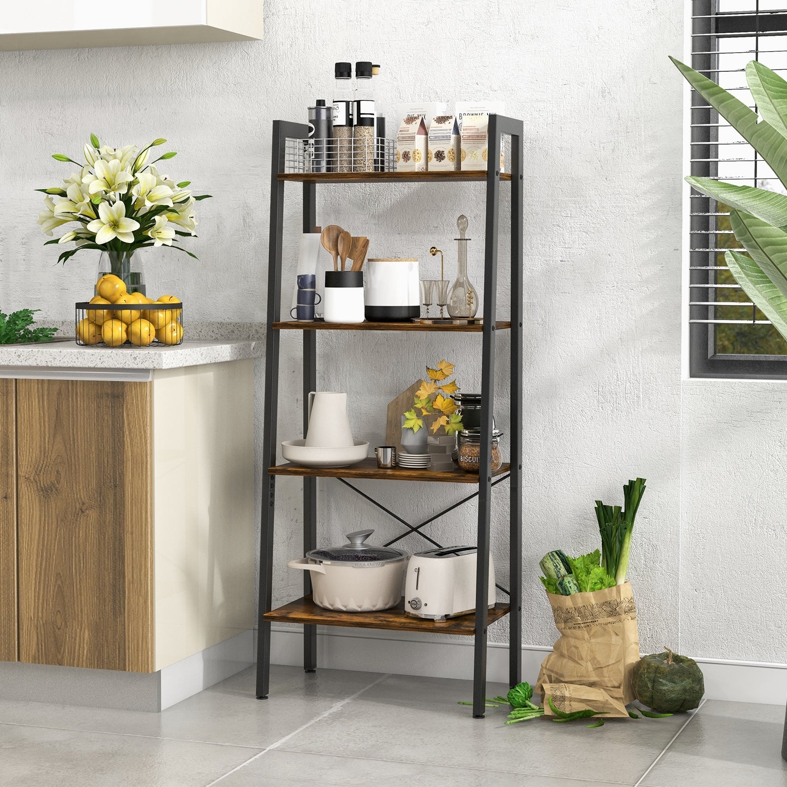 4-Tier Bookshelf with Metal Frame and Adjustable Foot Pads-Oak