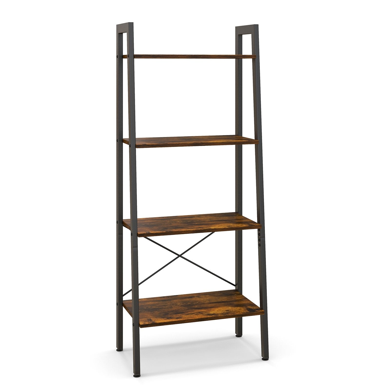 4-Tier Bookshelf with Metal Frame and Adjustable Foot Pads-Oak
