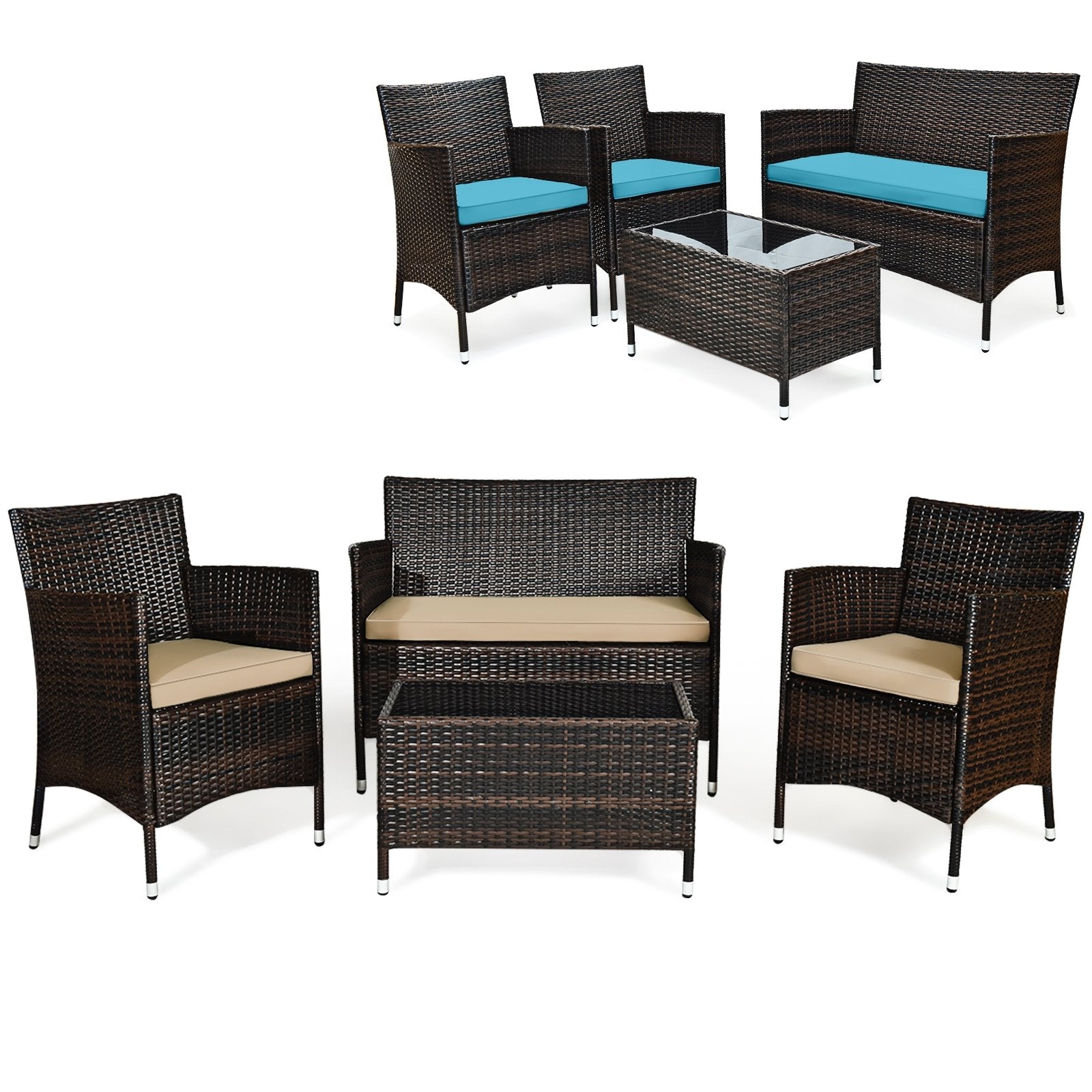 4 Pieces Comfortable Outdoor Rattan Sofa Set with Glass Coffee Table-Beige and Gray