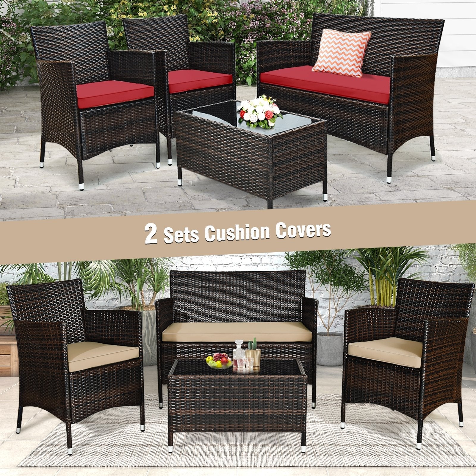 4 Pieces Comfortable Outdoor Rattan Sofa Set with Glass Coffee Table-Beige and Gray