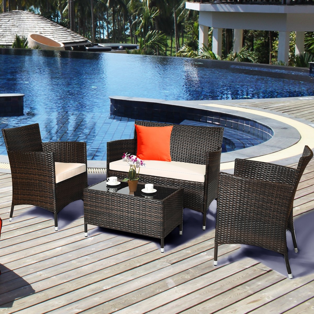 4 Pieces Comfortable Outdoor Rattan Sofa Set with Glass Coffee Table-Beige and Gray