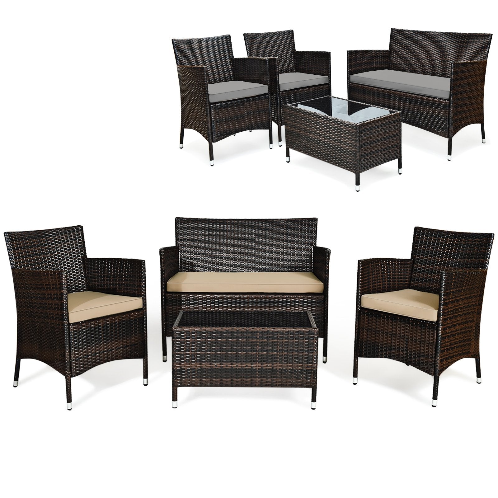 4 Pieces Comfortable Outdoor Rattan Sofa Set with Glass Coffee Table-Beige and Gray