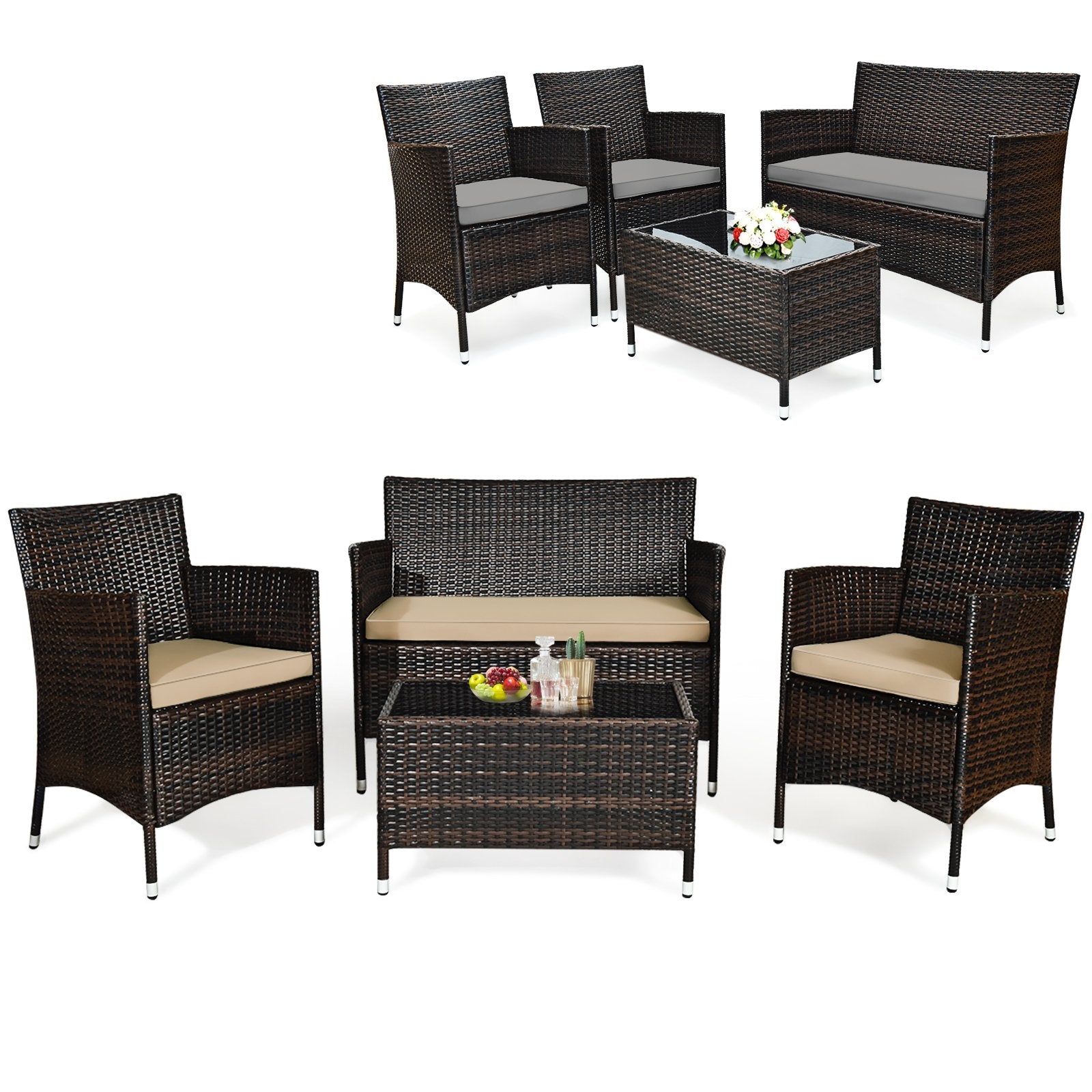 4 Pieces Comfortable Outdoor Rattan Sofa Set with Glass Coffee Table-Beige and Gray