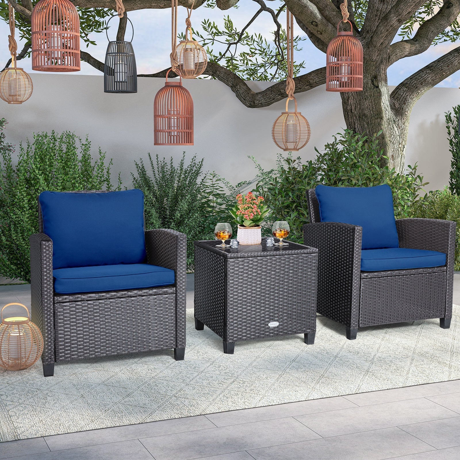 3 Pieces Patio Rattan Furniture Set with 4 Removable Cushions