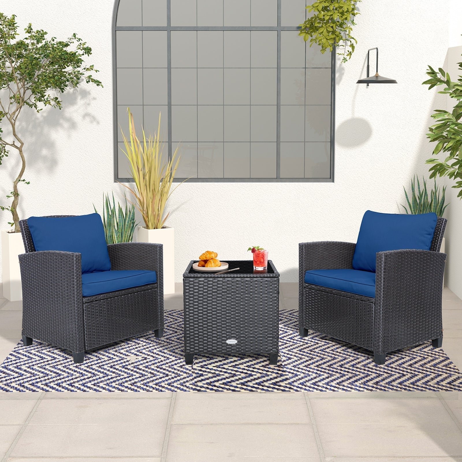 3 Pieces Patio Rattan Furniture Set with 4 Removable Cushions