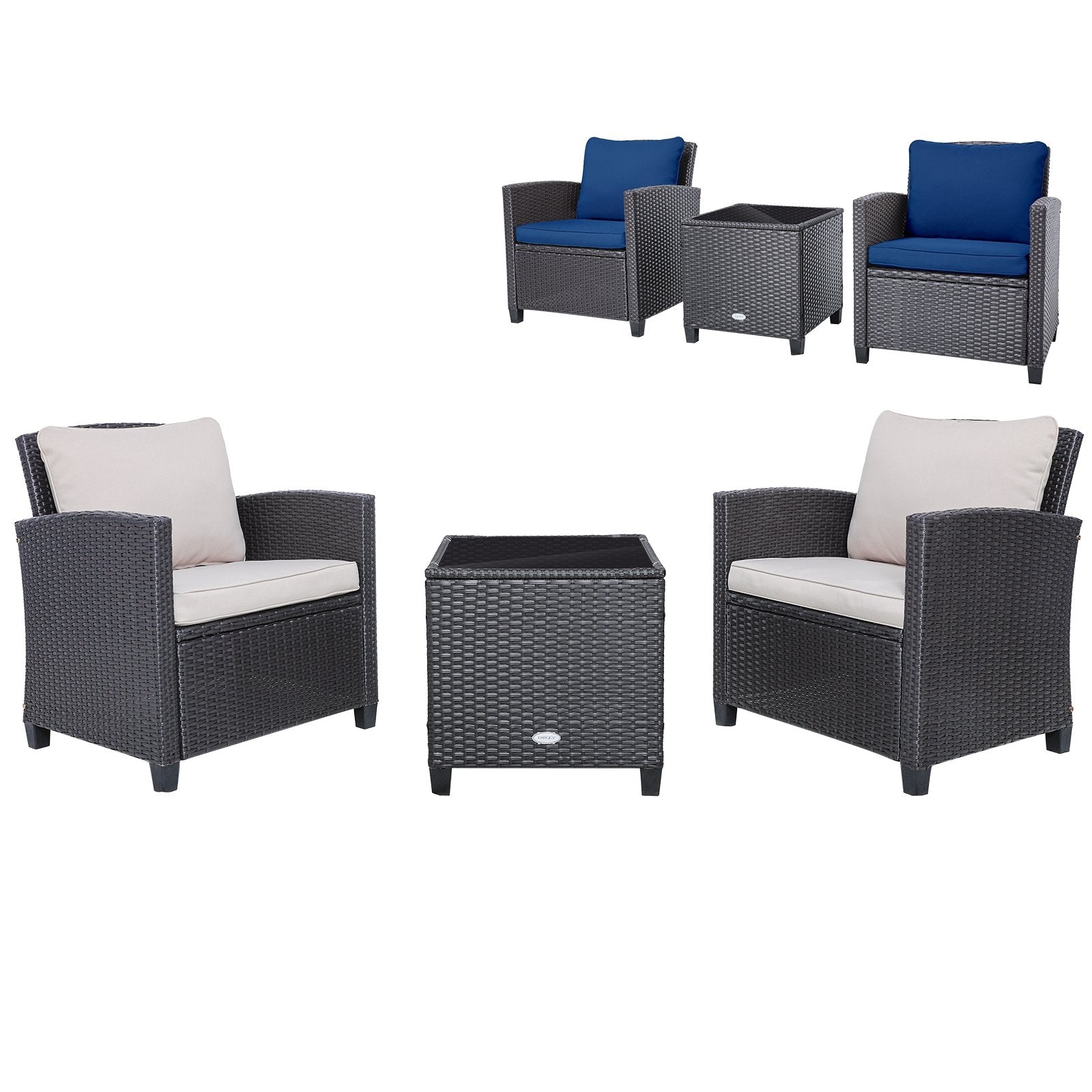 3 Pieces Patio Rattan Furniture Set with 4 Removable Cushions