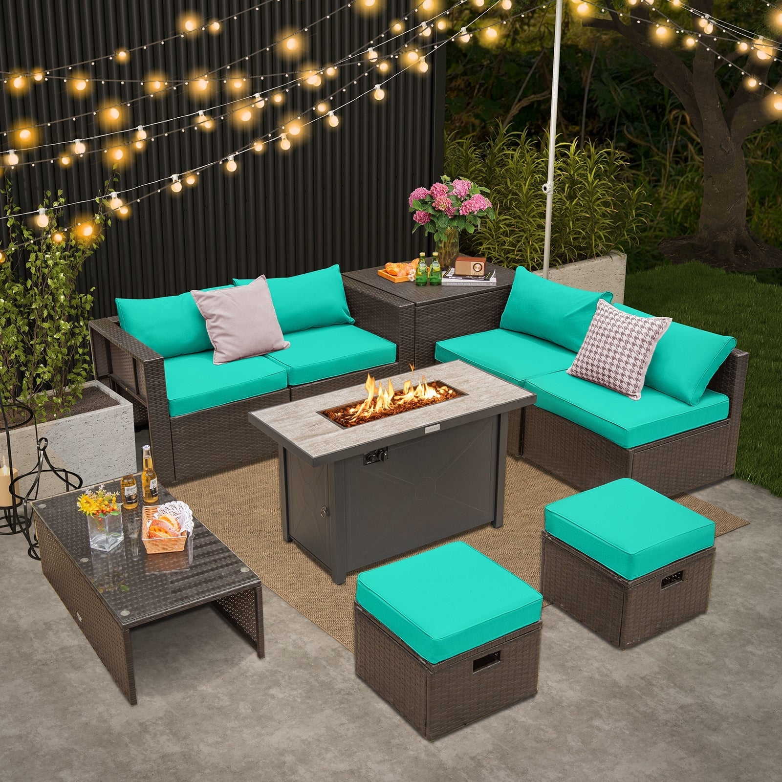 9 Pieces Outdoor Patio Furniture Set with 42 Inch Propane Fire Pit Table-Black