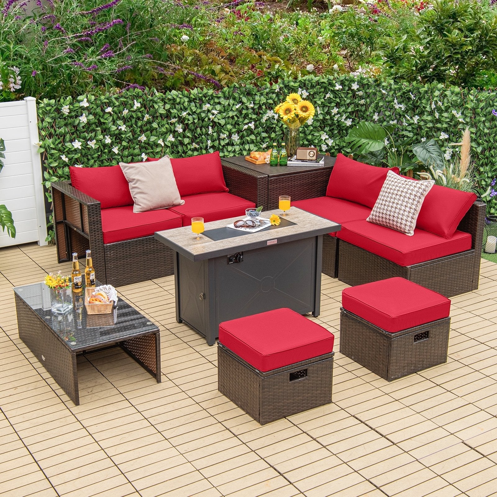 9 Pieces Outdoor Patio Furniture Set with 42 Inch Propane Fire Pit Table-Black