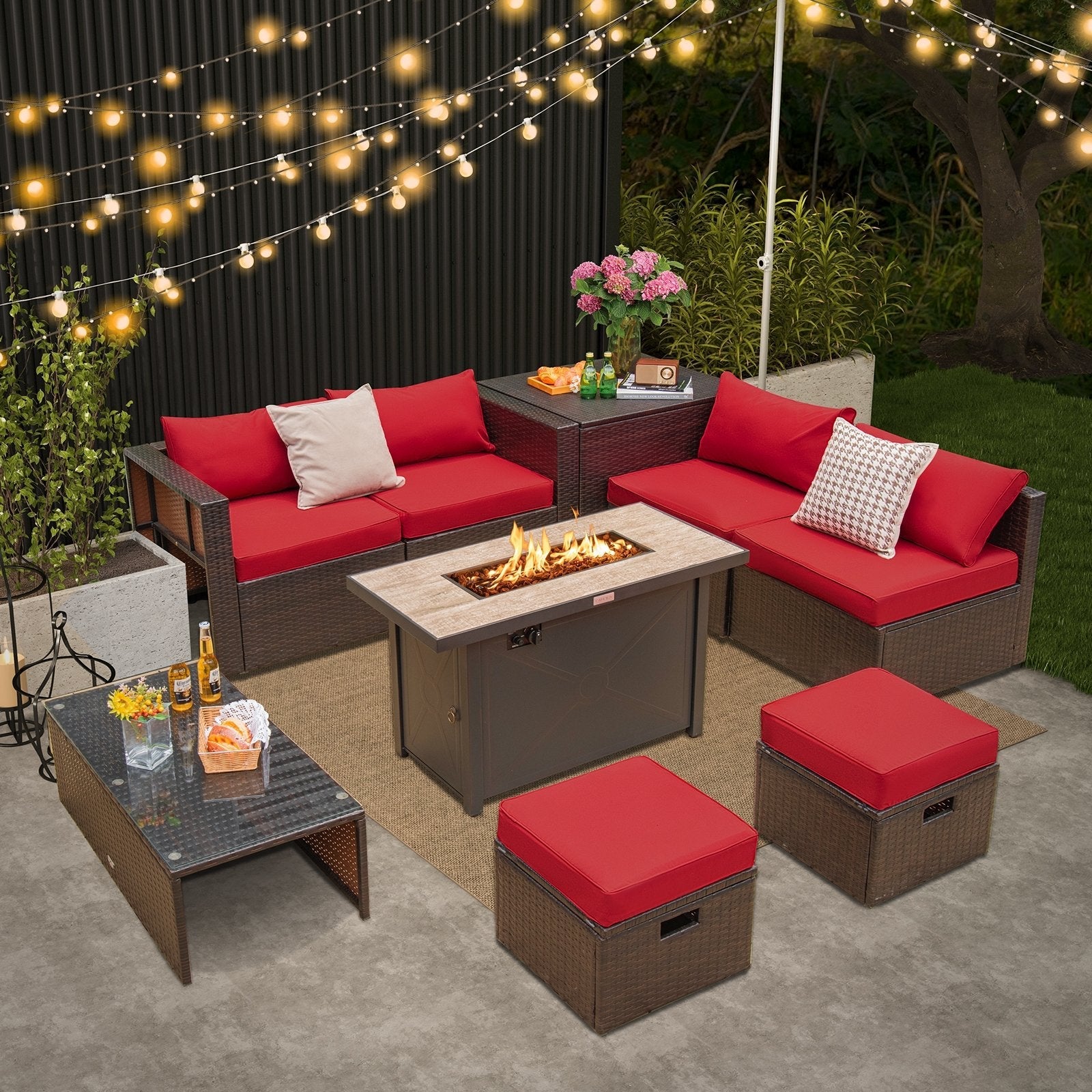 9 Pieces Outdoor Patio Furniture Set with 42 Inch Propane Fire Pit Table-Black