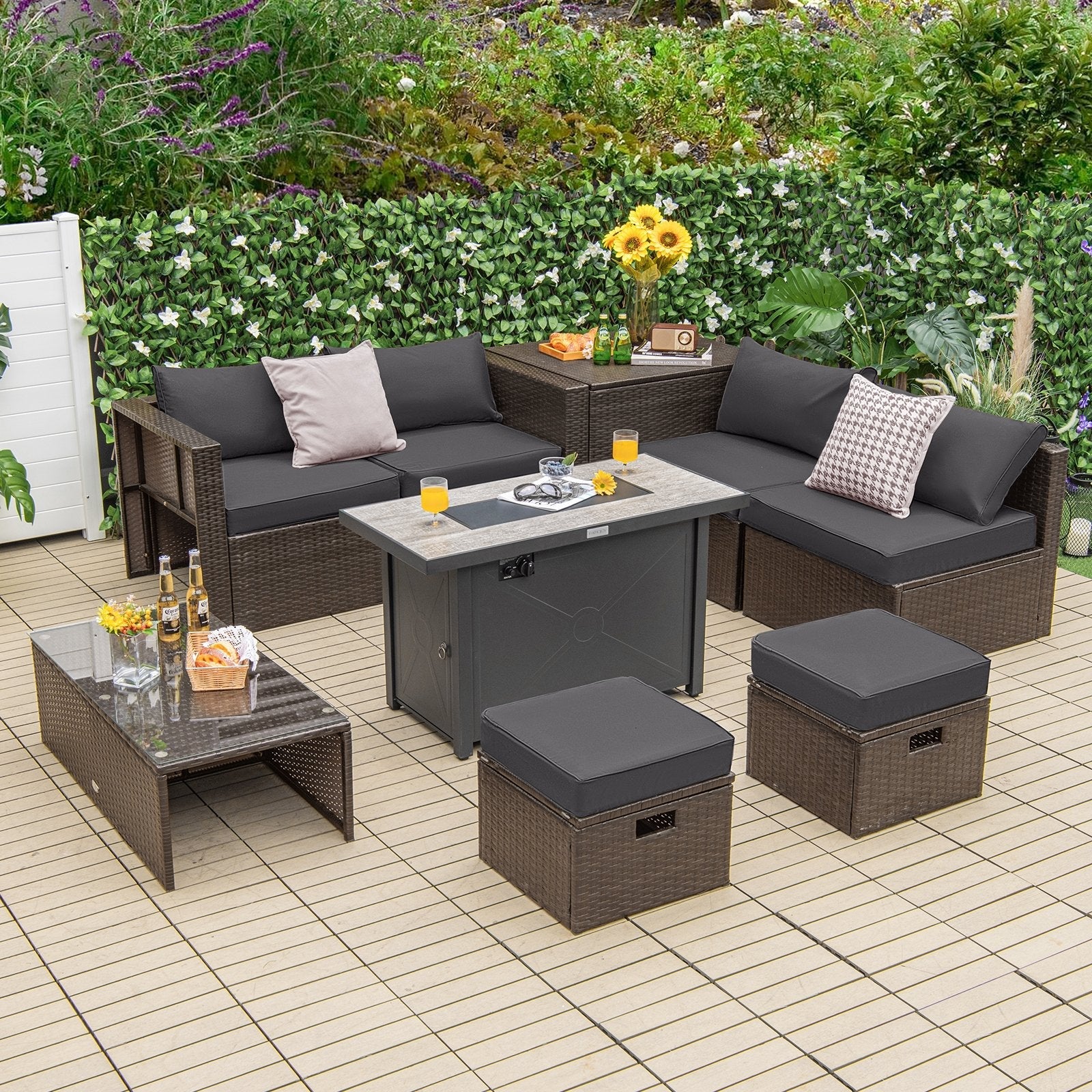 9 Pieces Outdoor Patio Furniture Set with 42 Inch Propane Fire Pit Table-Black