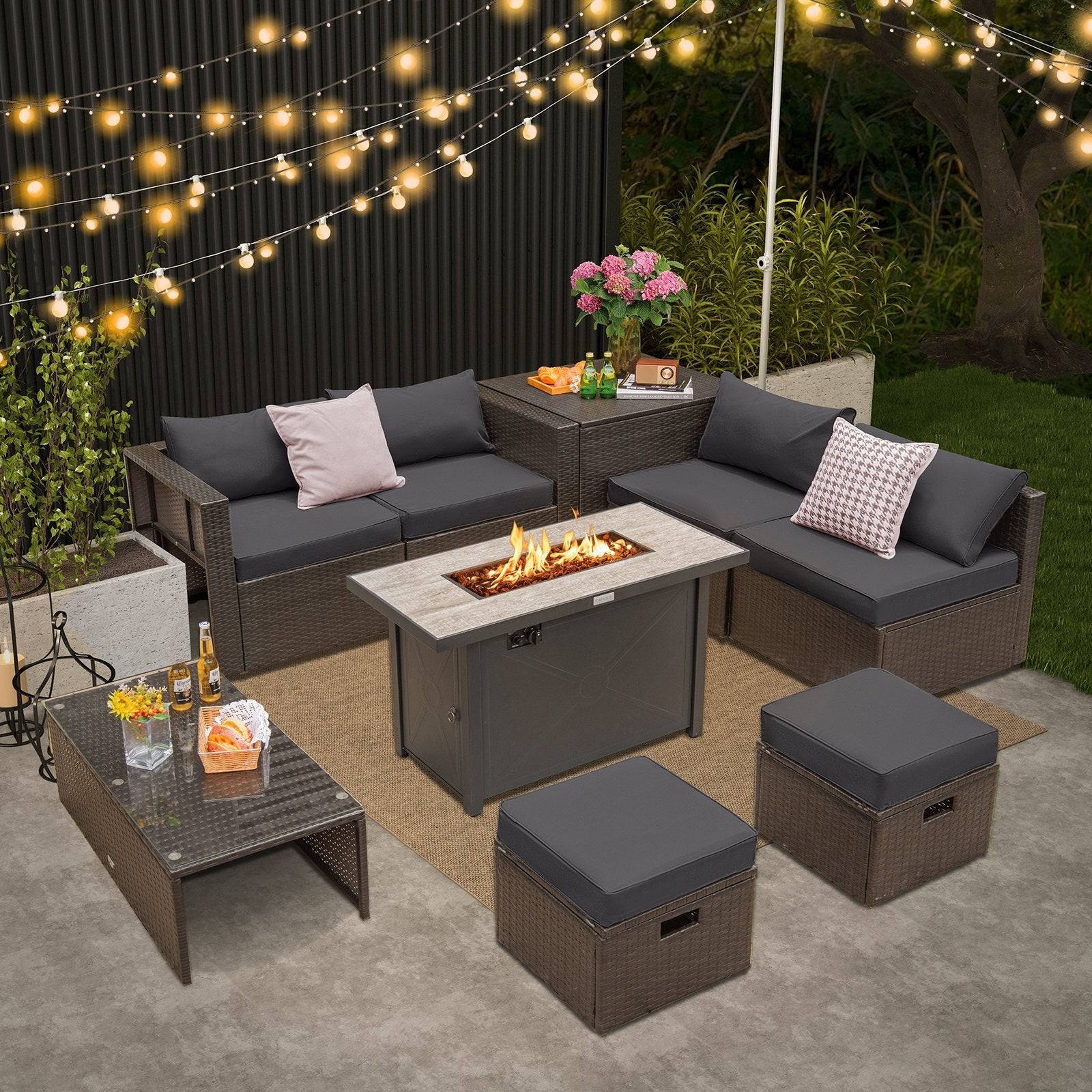 9 Pieces Outdoor Patio Furniture Set with 42 Inch Propane Fire Pit Table-Black
