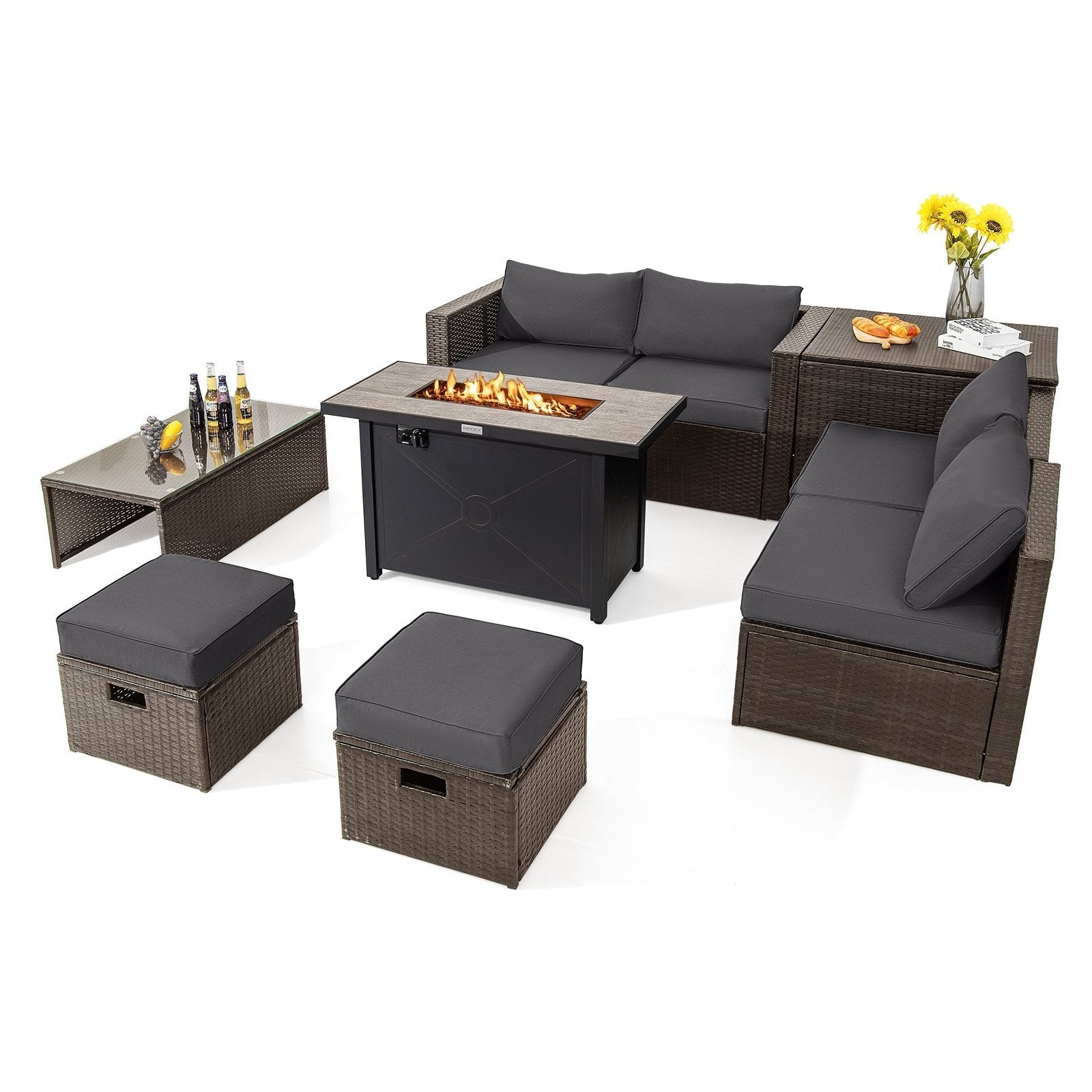 9 Pieces Outdoor Patio Furniture Set with 42 Inch Propane Fire Pit Table-Black