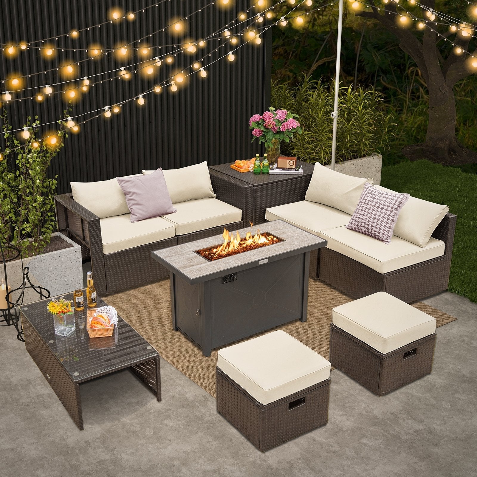 9 Pieces Outdoor Patio Furniture Set with 42 Inch Propane Fire Pit Table-Black