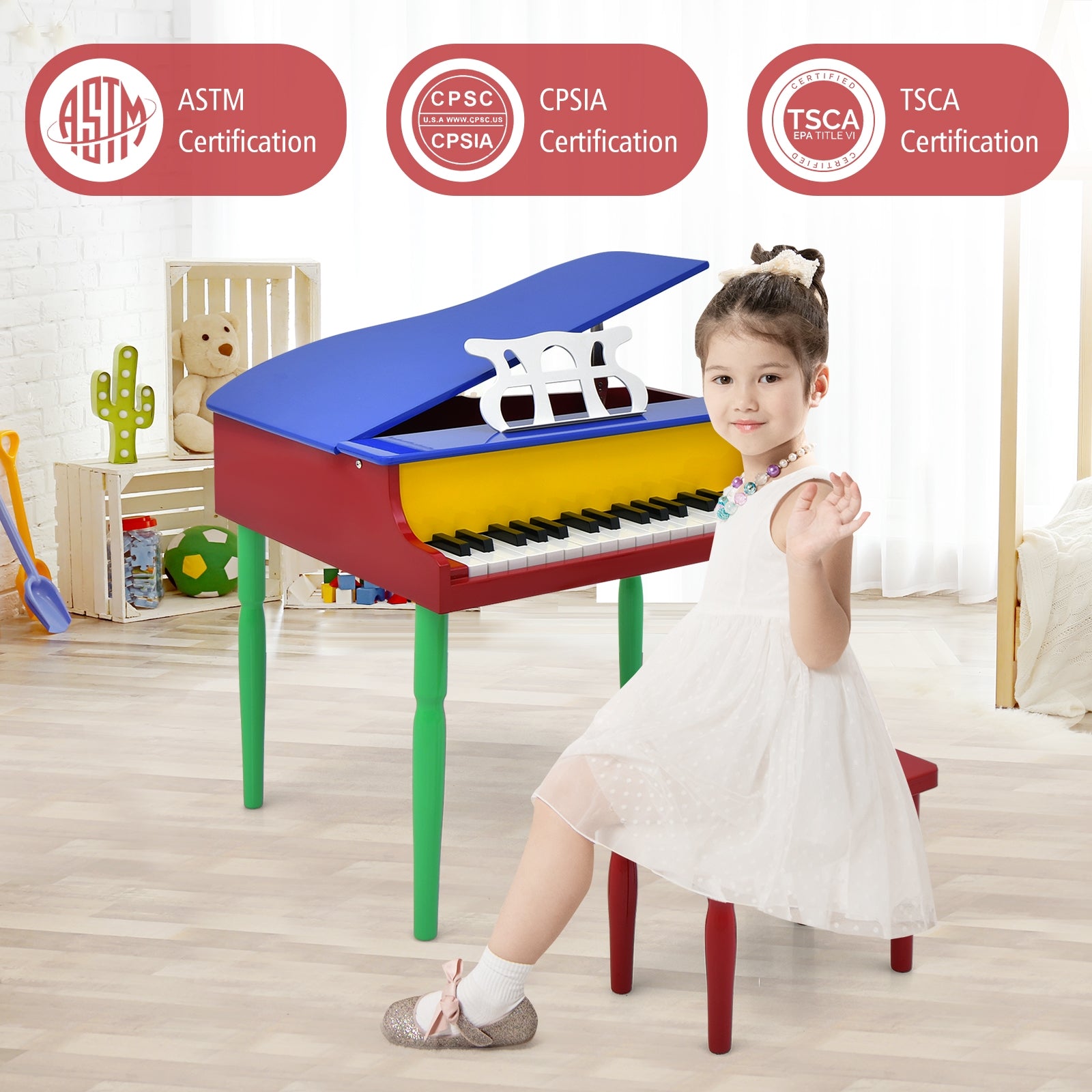 30-Key Wood Toy Kids Grand Piano with Bench and Music Rack-Black