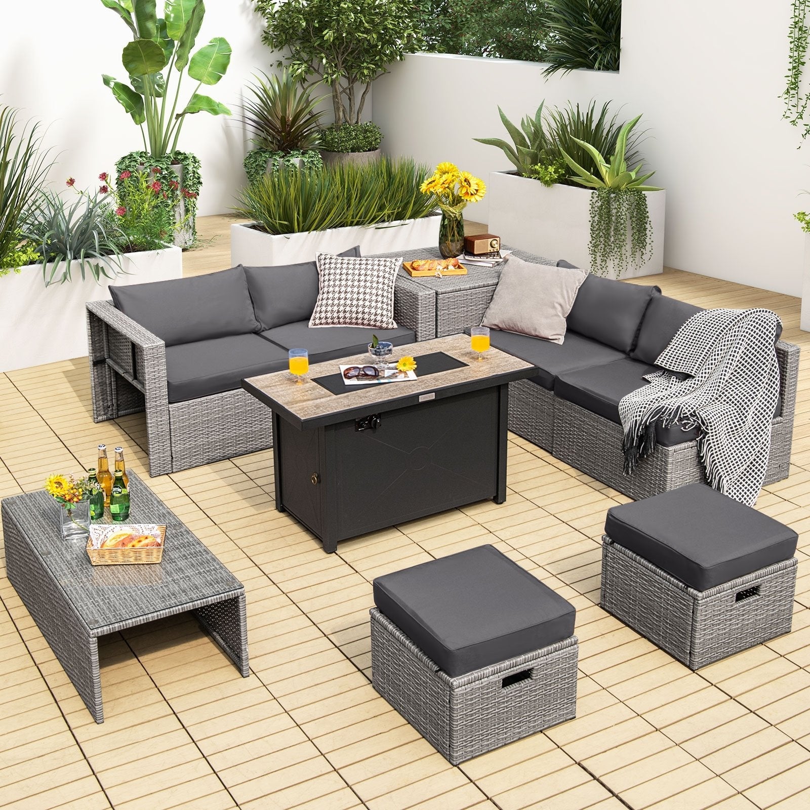 9 Pieces Patio Furniture Set with 42 Inches 60000 BTU Fire Pit-Black