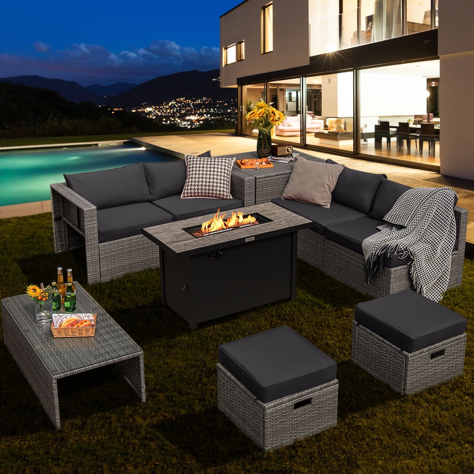 9 Pieces Patio Furniture Set with 42 Inches 60000 BTU Fire Pit-Black