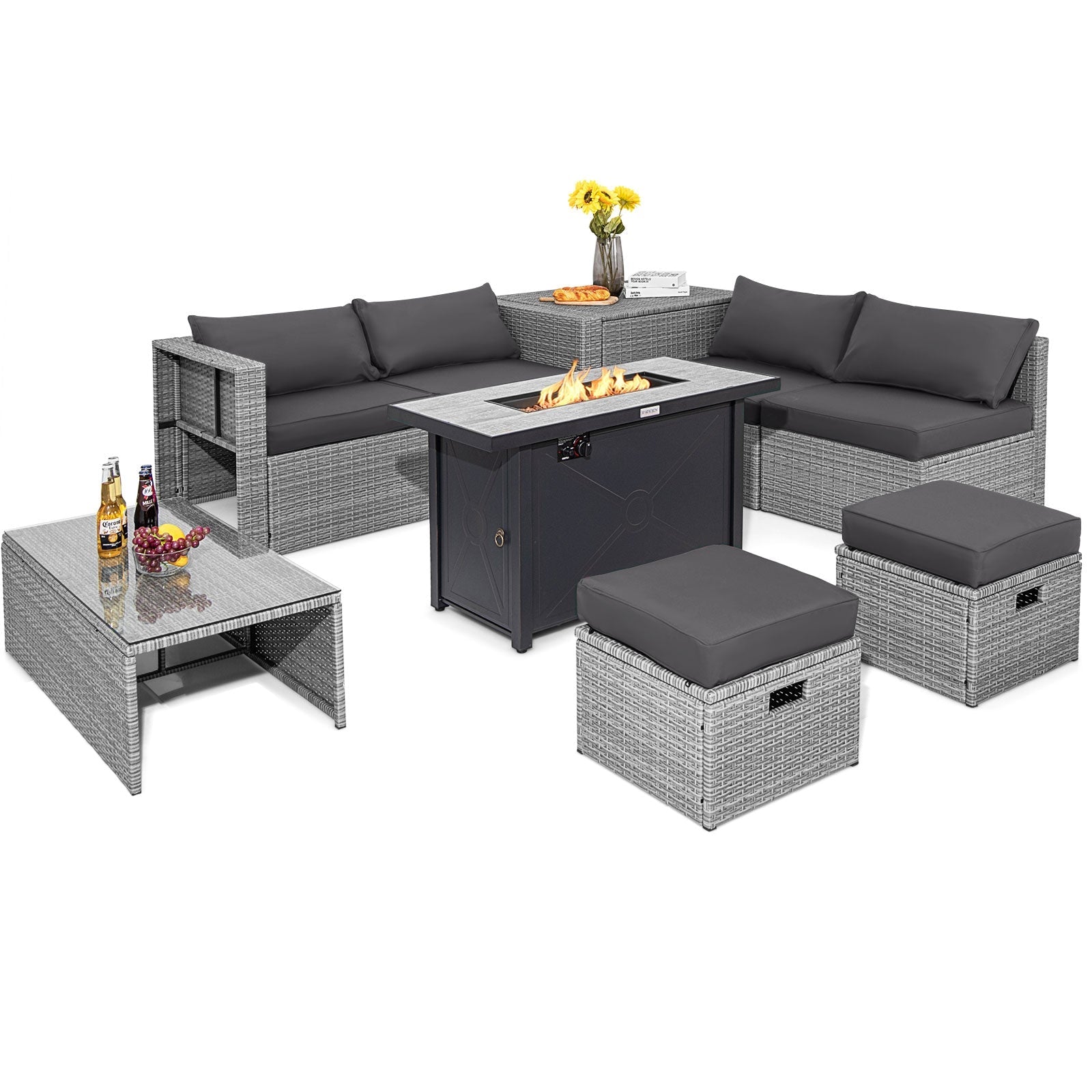 9 Pieces Patio Furniture Set with 42 Inches 60000 BTU Fire Pit-Black