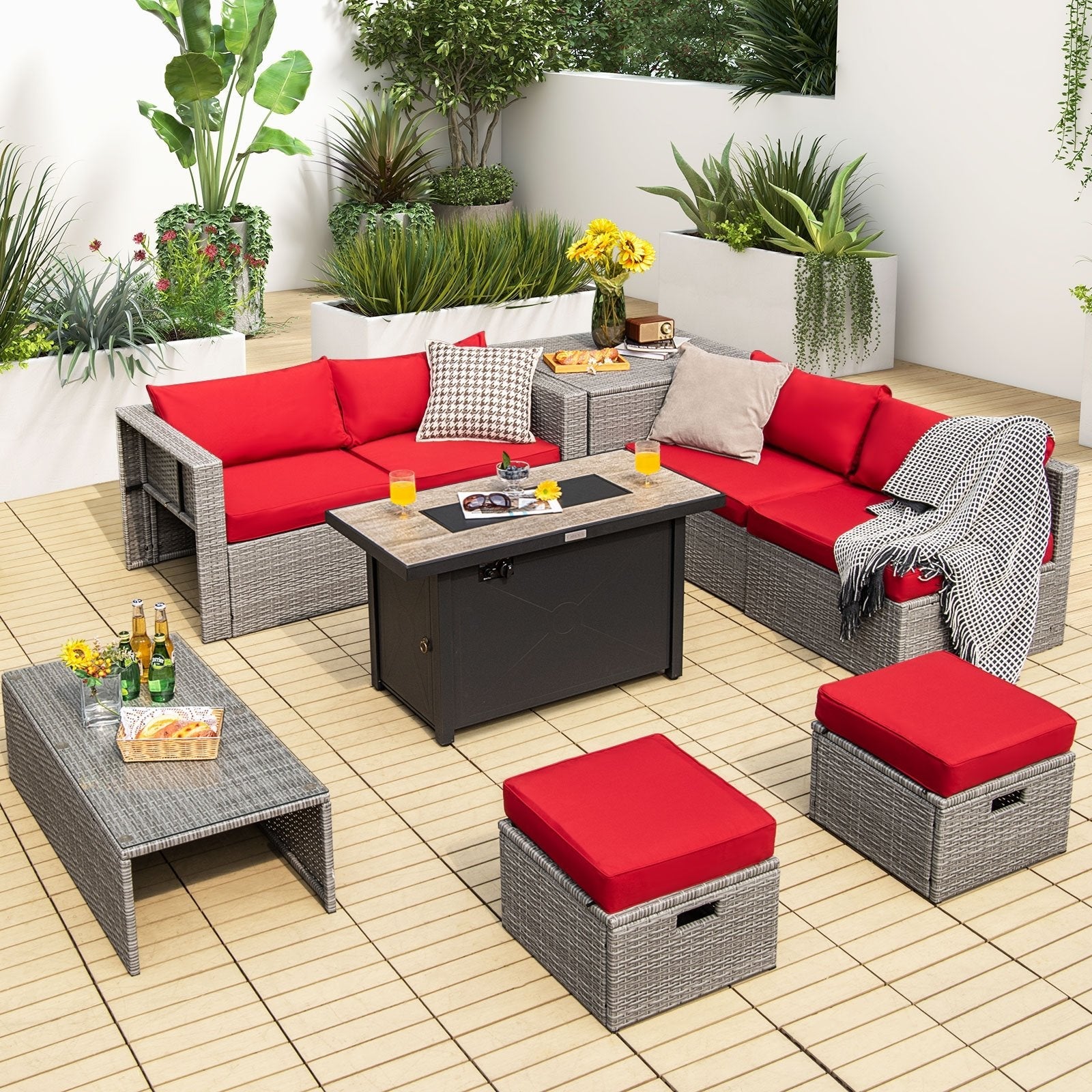 9 Pieces Patio Furniture Set with 42 Inches 60000 BTU Fire Pit-Black