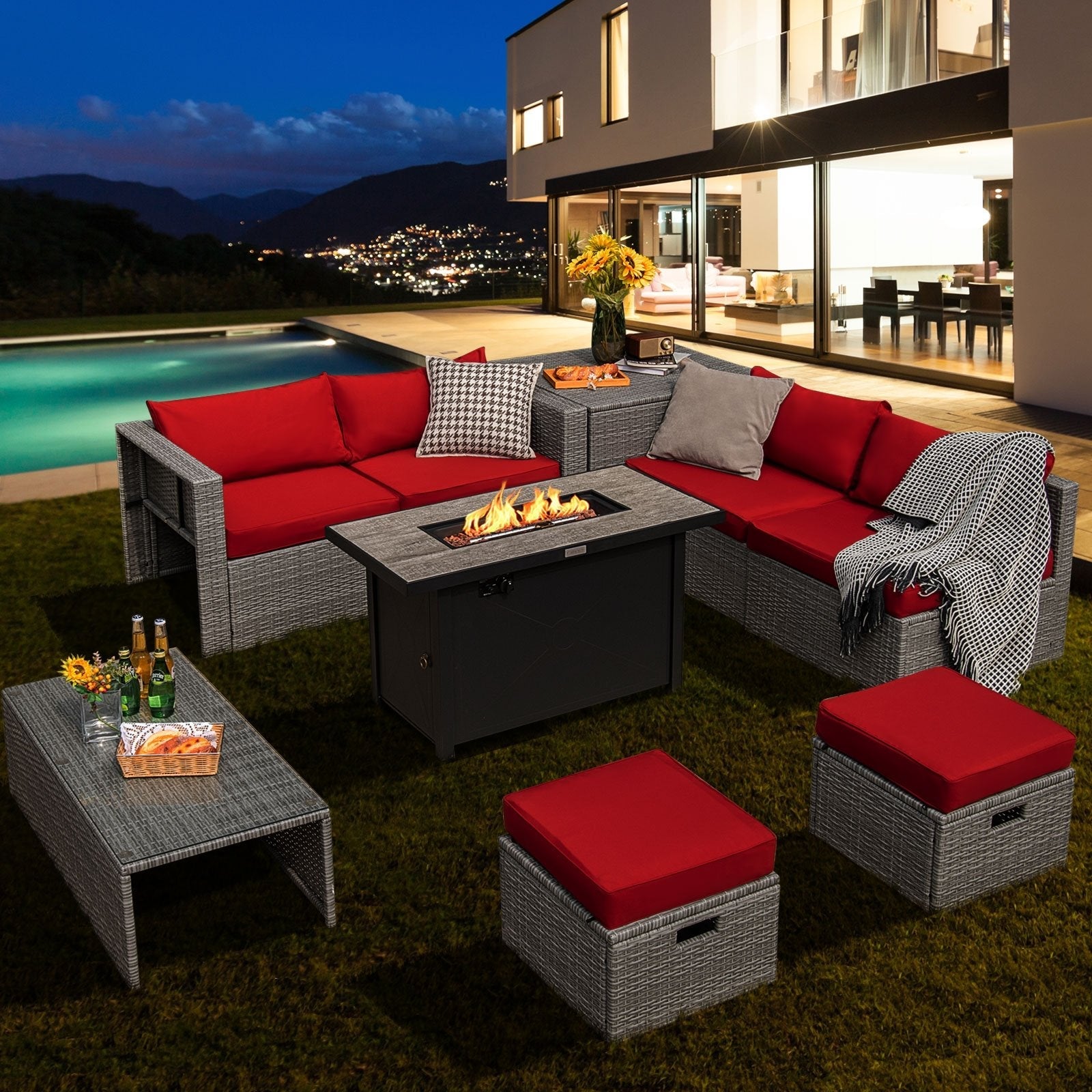 9 Pieces Patio Furniture Set with 42 Inches 60000 BTU Fire Pit-Black