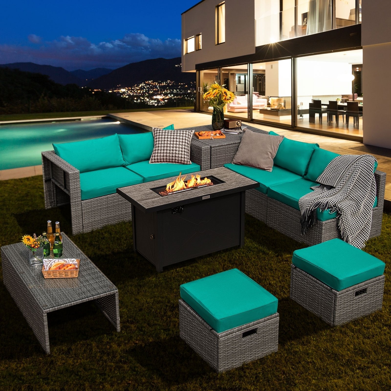 9 Pieces Patio Furniture Set with 42 Inches 60000 BTU Fire Pit-Black