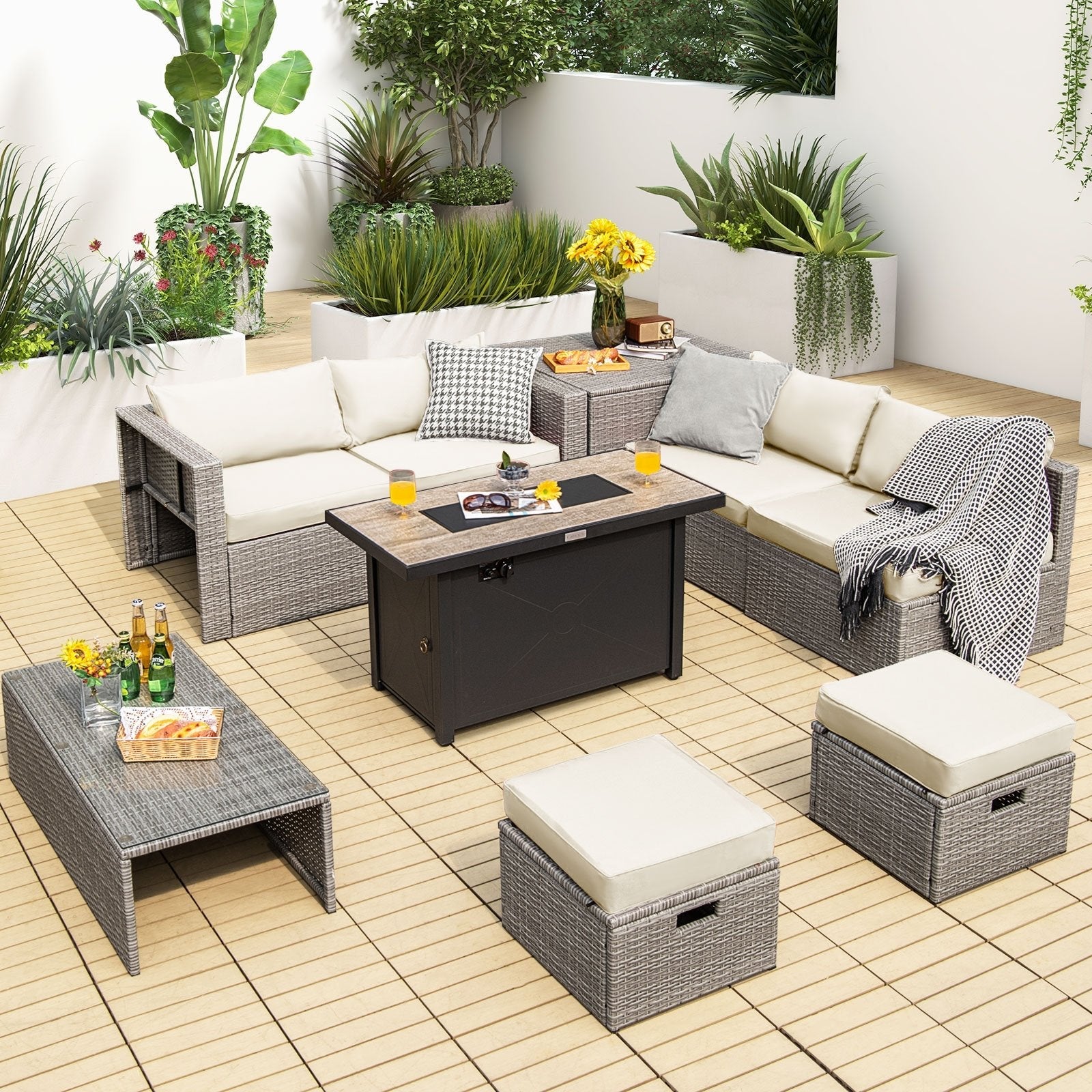 9 Pieces Patio Furniture Set with 42 Inches 60000 BTU Fire Pit-Black