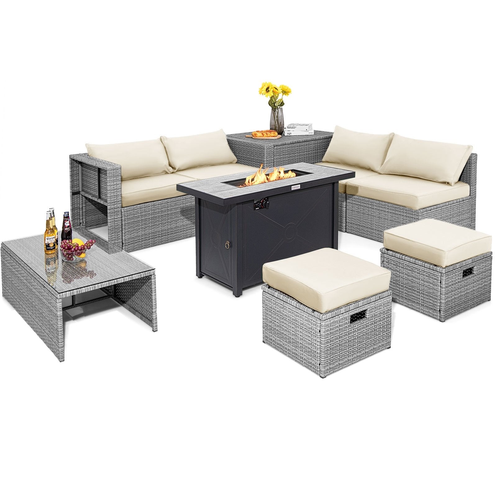9 Pieces Patio Furniture Set with 42 Inches 60000 BTU Fire Pit-Black